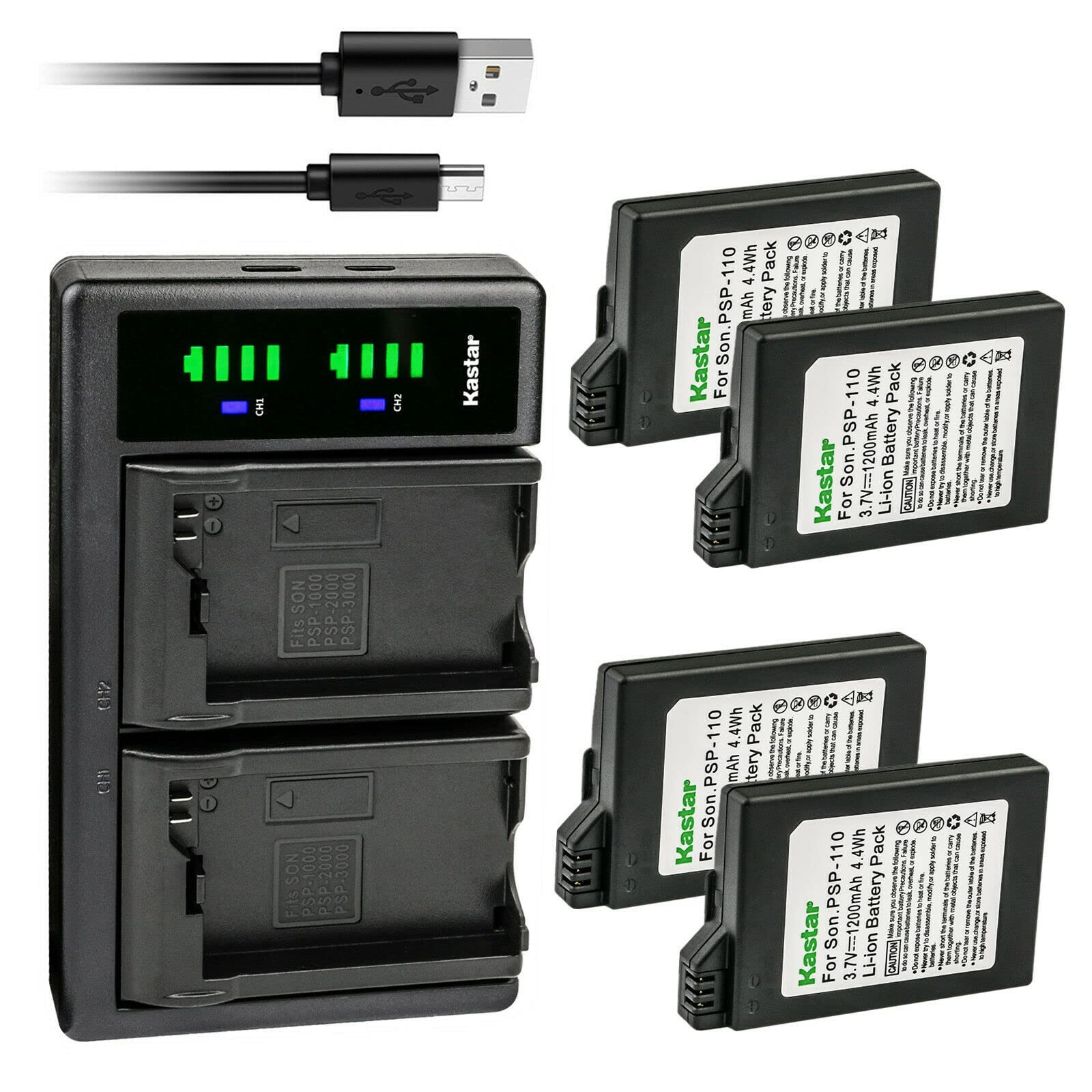 Kastar 4-Pack PSP 110 Battery and LTD2 USB Charger Replacement for Sony PSP-2009, PSP-2010, PSP-3000, PSP-3001, PSP-3002, PSP-30