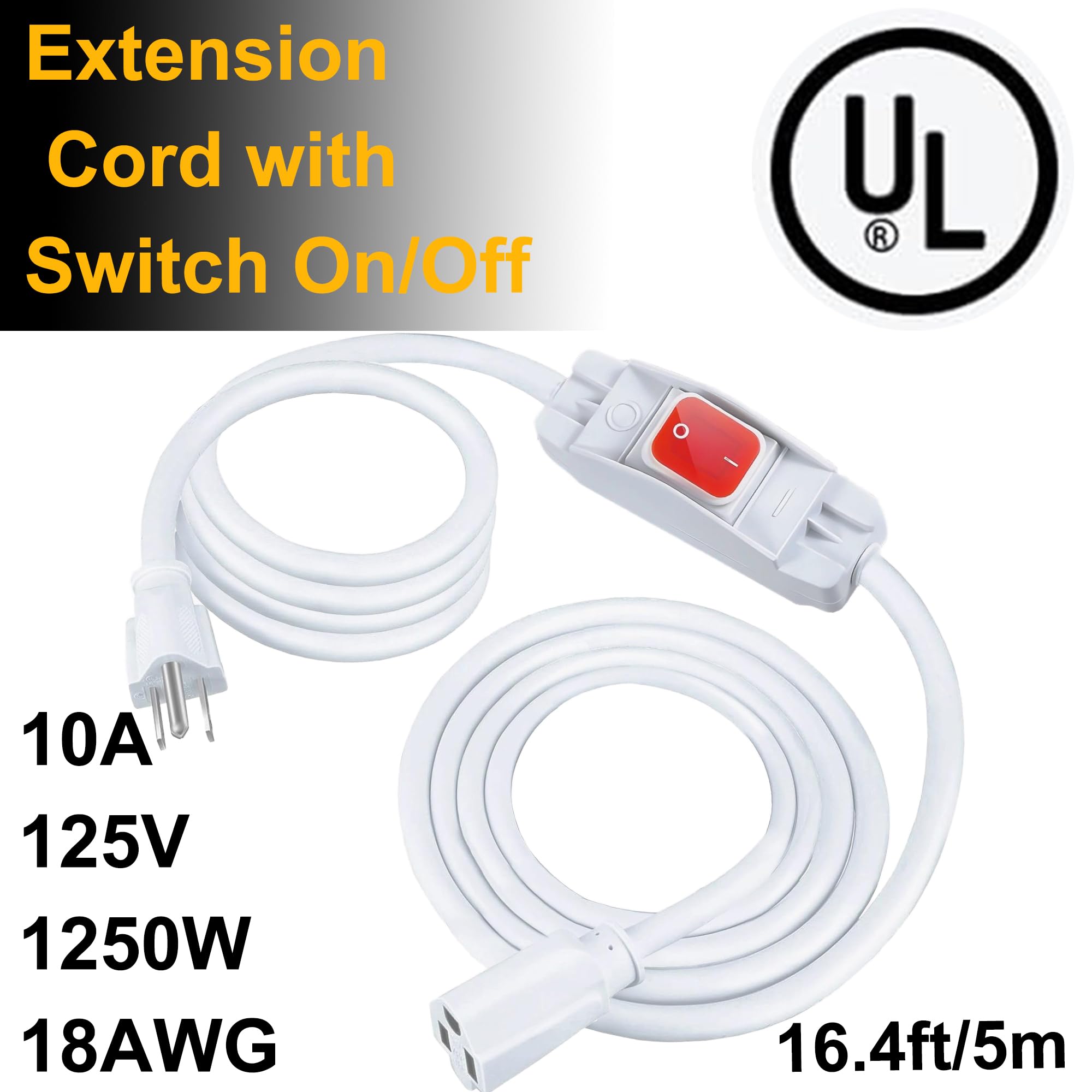 Extension Cord Waterproof, Fiabtool 16.4 Ft Extension Cord With Led Switch, 1875W/15A Heavy Duty 3 Prong Plugs, 18/3 Sjt Extensi