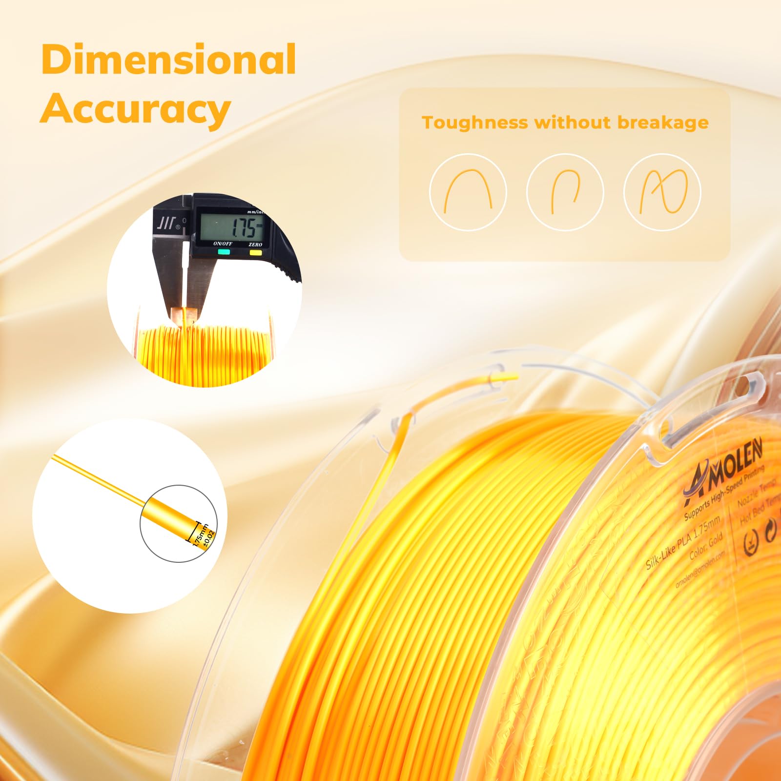 Amolen Silk Pla Filament 1.75Mm 3D Printer Filaments, Shiny Gold Filament For 3D Printing, 1Kg(2.2Lbs) Spool, Compatible With Mo