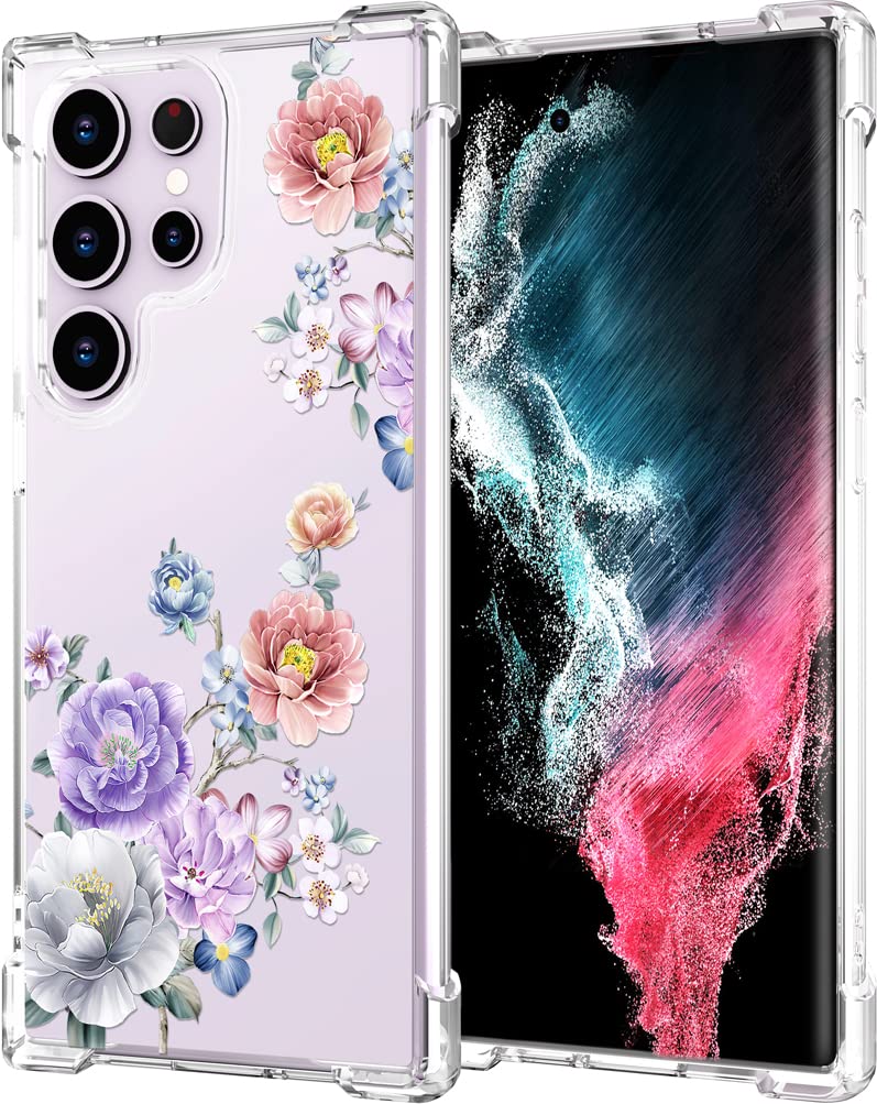 Hungo Samung Galaxy S23 Ultra Case Floral Flower Clear Design Cute, Designer Girly For Women Girls Floral Transparent Case Compa