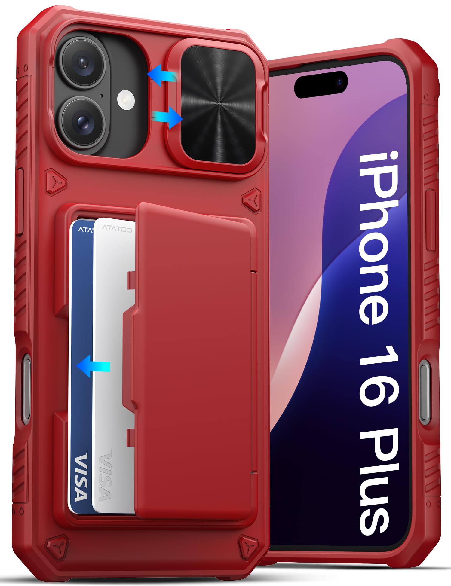 Atatoo For Iphone 16 Plus Case With Card Holder (Store 3 5 Cards) [Rfid Blocking] & Slide Lens Protector, Military Grade Protect