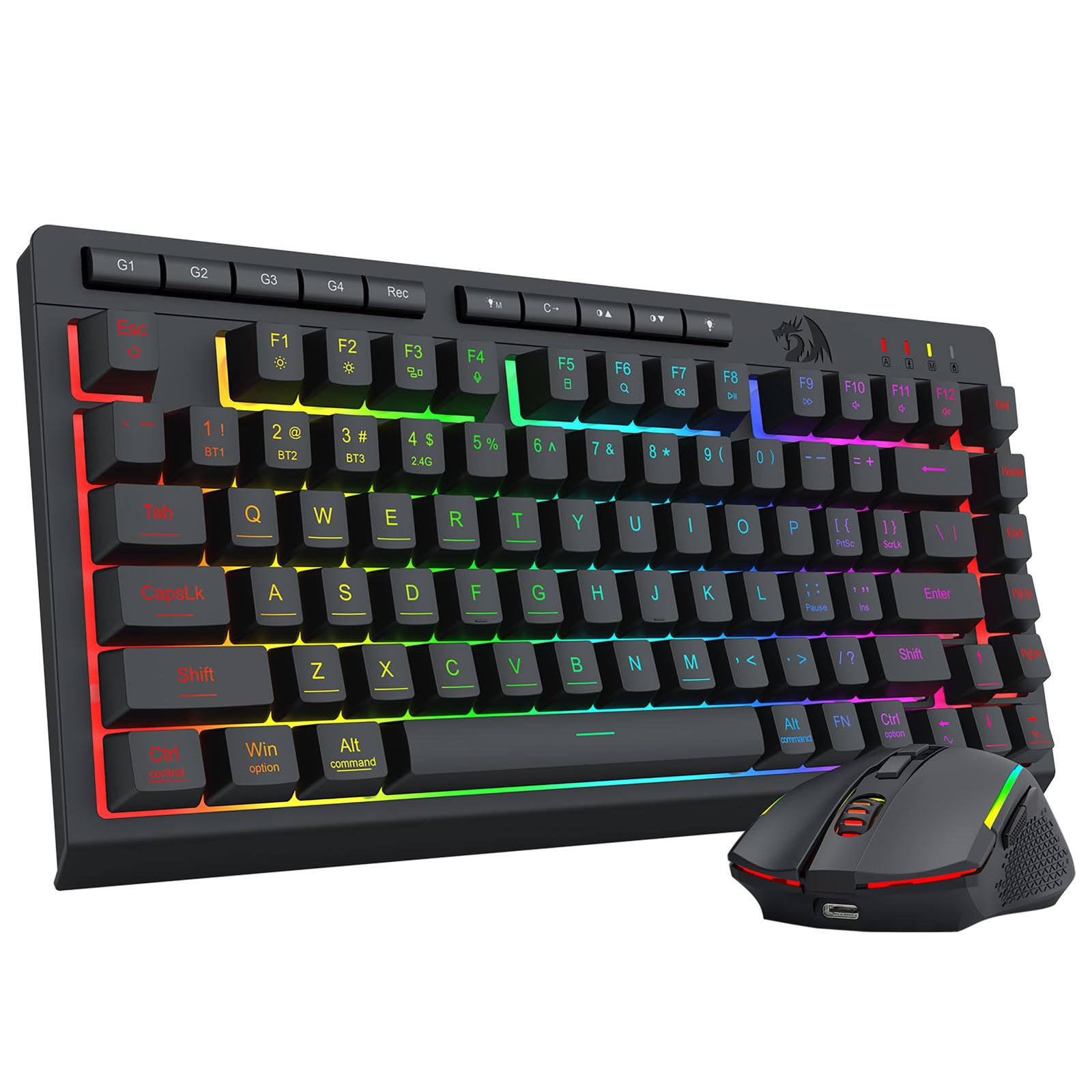 Redragon Wireless Gaming Keyboard and Mouse Combo, Bluetooth/2.4G/USB-C Wired, RGB Backlit, 75% Portable Quiet Rechargeable Memb
