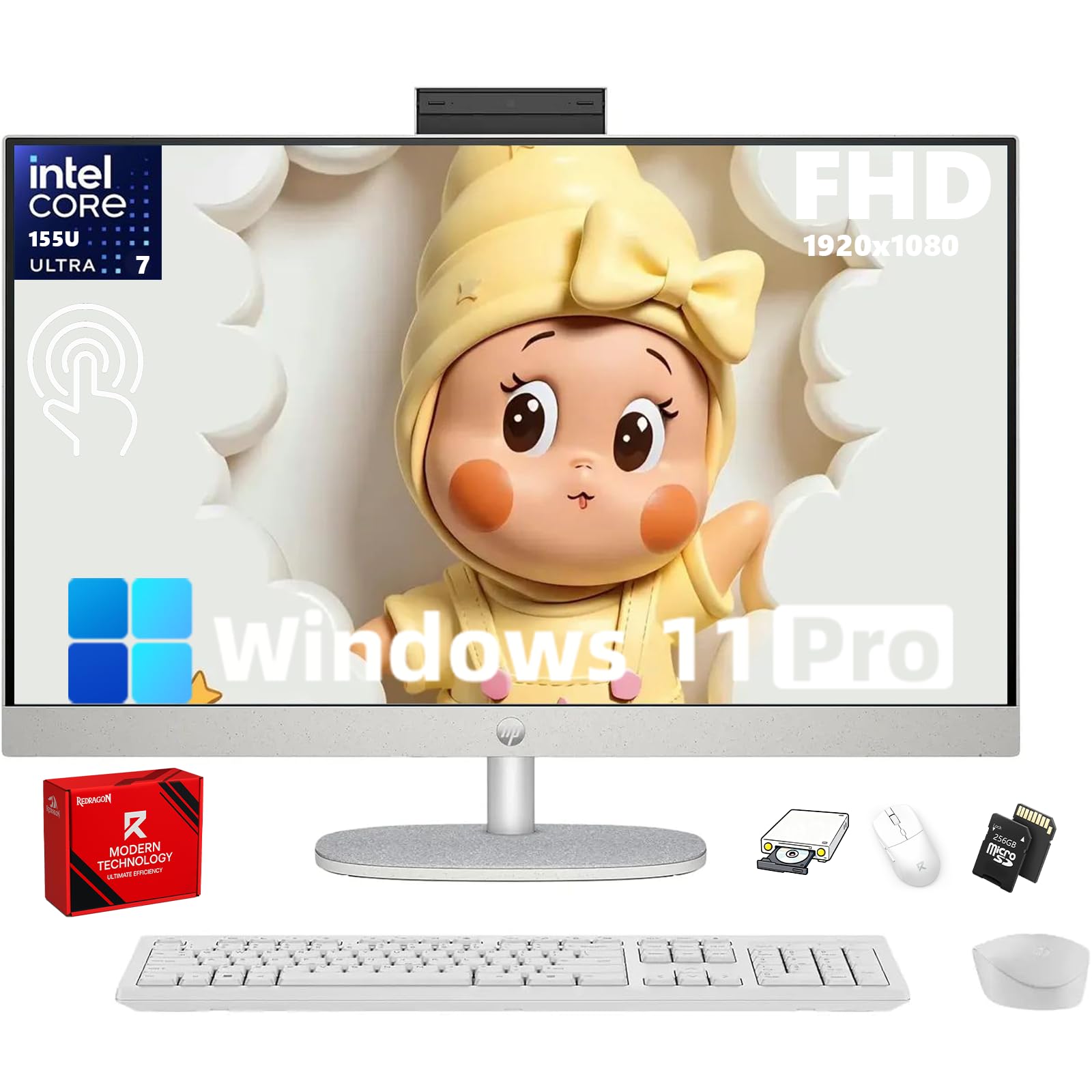 HP 27 FHD Touch All-in-One PC - 27 Anti-Glare Display, Intel Ultra 7 155U Processor, Adjustable Height Design, FHD IR Webcam, Wi