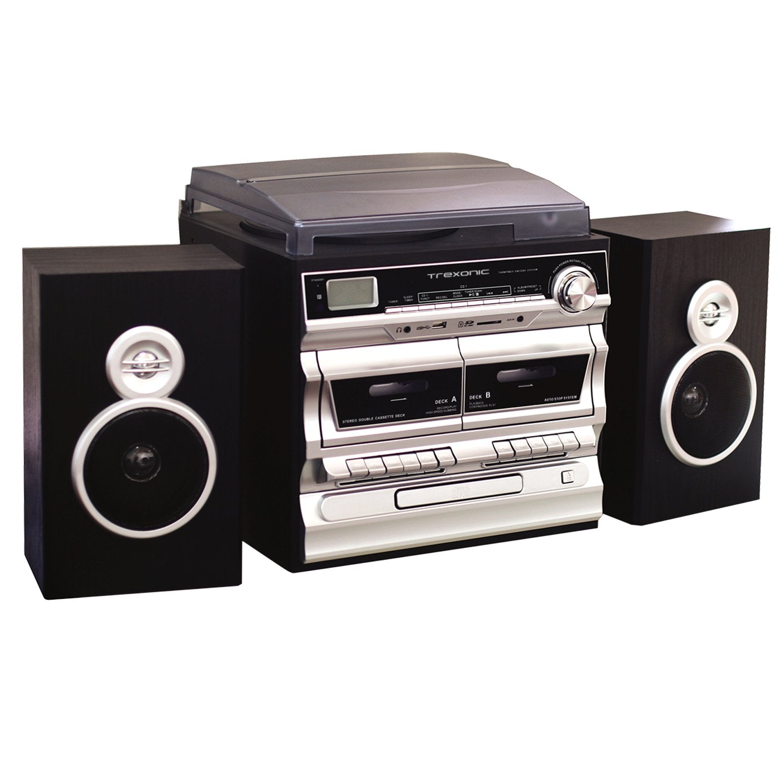 Trexonic 3 Speed Turntable With Cd Player, Double Cassette Player, Bluetooth, Fm Radio & Usb/Sd Recording