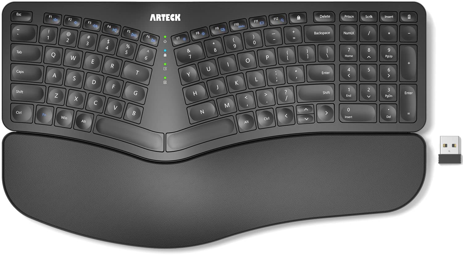 Arteck Split Ergonomic Keyboard With Cushioned Wrist And Palm Rest, 2.4G Usb Wireless Comfortable Natural Ergonomic Split Keyboa