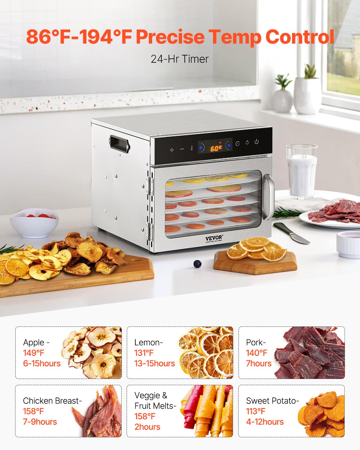 Vevor Food Dehydrator Machine, 6 Stainless Steel Trays, 400W Electric Food Dryer With Adjustable Temperature & 24-Hour Timer, Fr