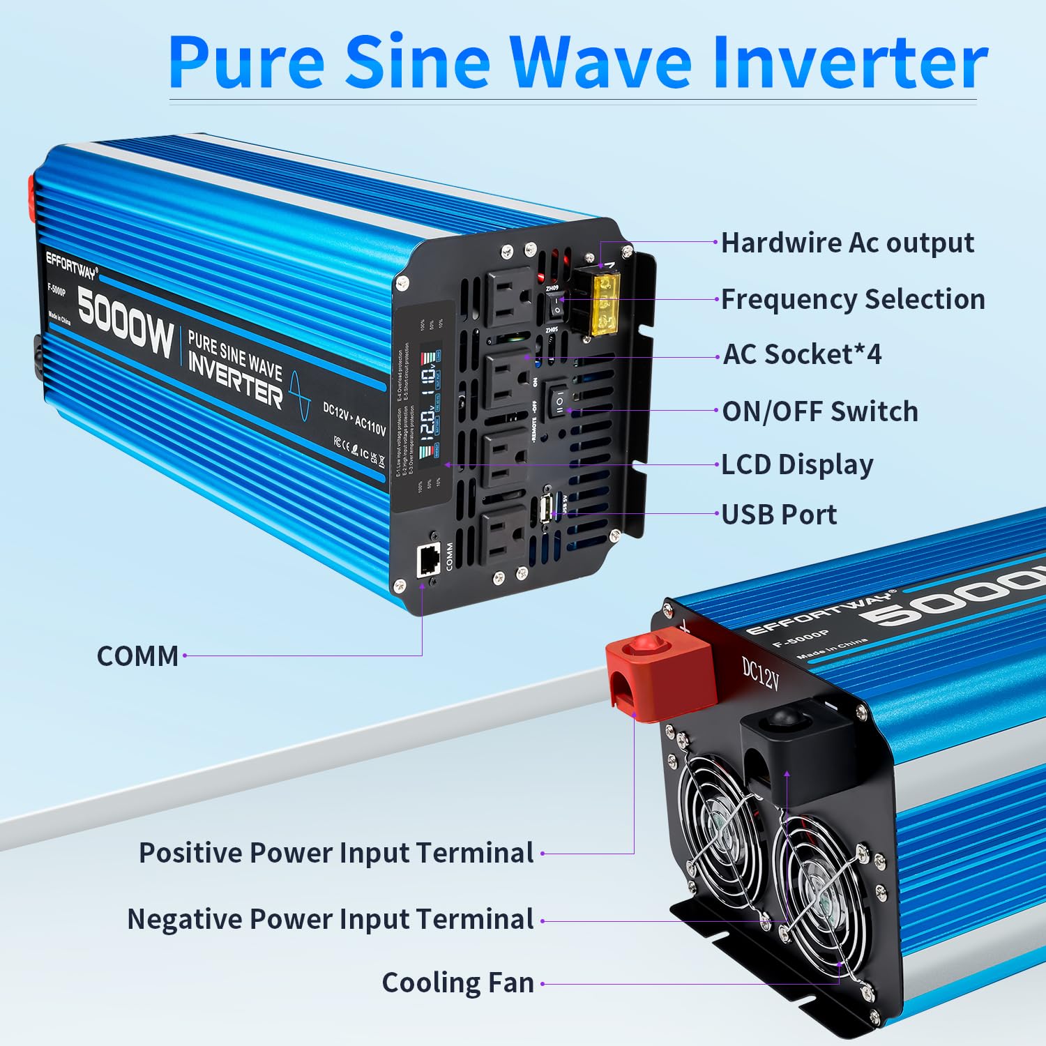 5000W Pure Sine Wave Inverter Dc 12V To Ac 110V/120V Converter 10000W (Peak) With Lcd Display Wireless/Wired Remote Control 4Ac