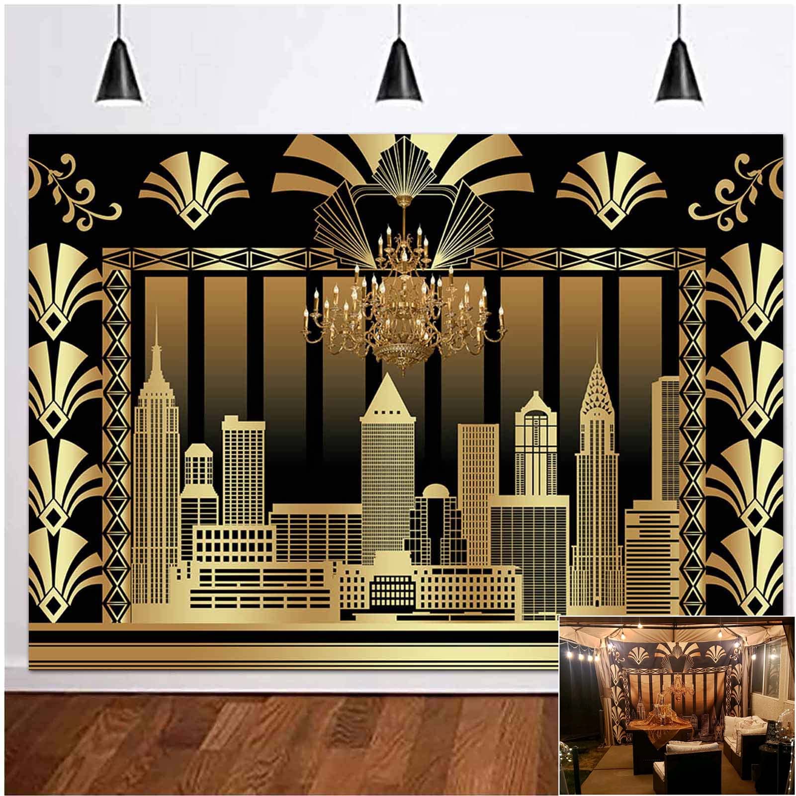 Roaring 20'S 20S Themed Backdrop Vintage Dance Black Gold Art Event Decoration Birthday Wedding Party Decoration Photo Background Booth Banner Supplies 8X6Ft