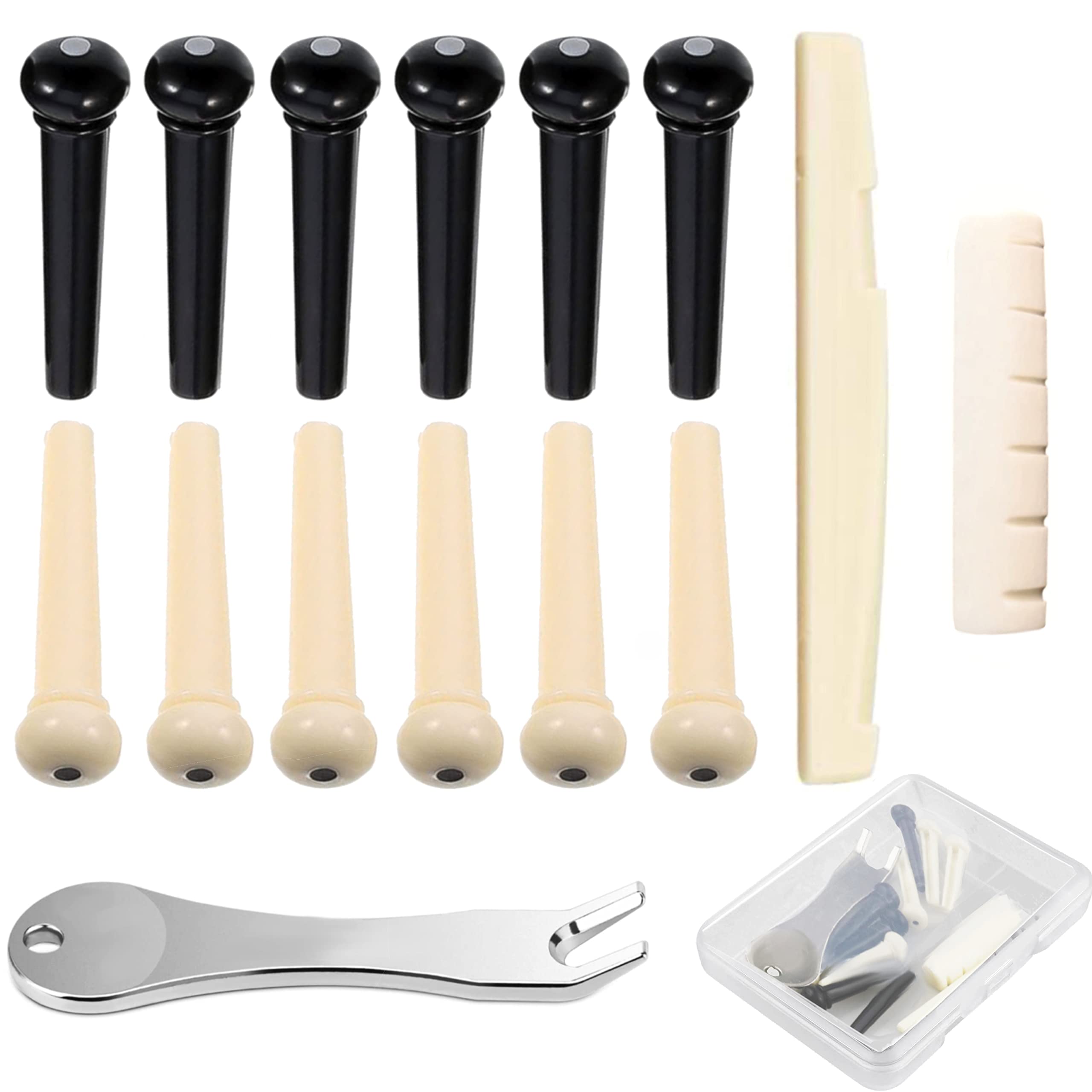 12 Pcs Acoustic Guitar Bridge Pins With Bridge Pin Puller Remover & Guitar Bridge Saddle Nut, Guitar Pegs Replacement Parts And