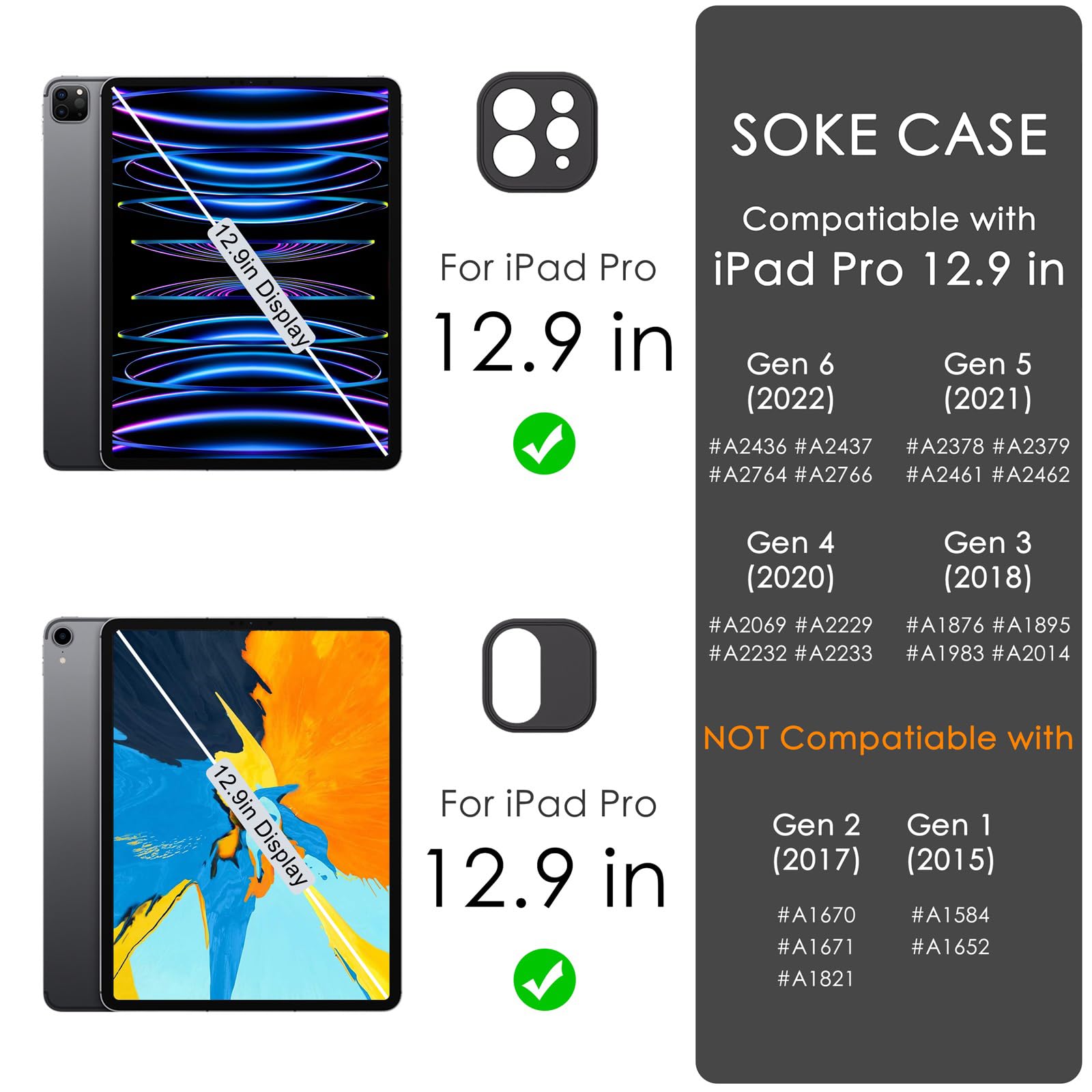 Soke Case For Ipad Pro 12.9 Inch (6Th/5Th/4Th/3Rd Generation, 2022/2021/2020/2018)   Pencil Holder + Auto Sleep/Wake + Camera Protection, Transparent Shockproof Back Cover,Black