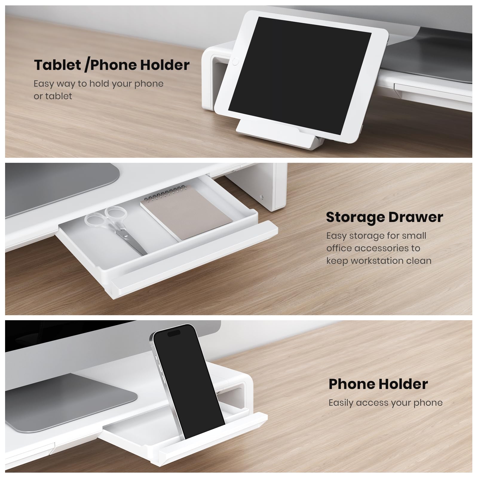 Monitor Stand Riser, Klearlook Foldable, Height Adjustable Computer Stand, Desk Shelf Riser With Storage Drawer &Tablet Phone St