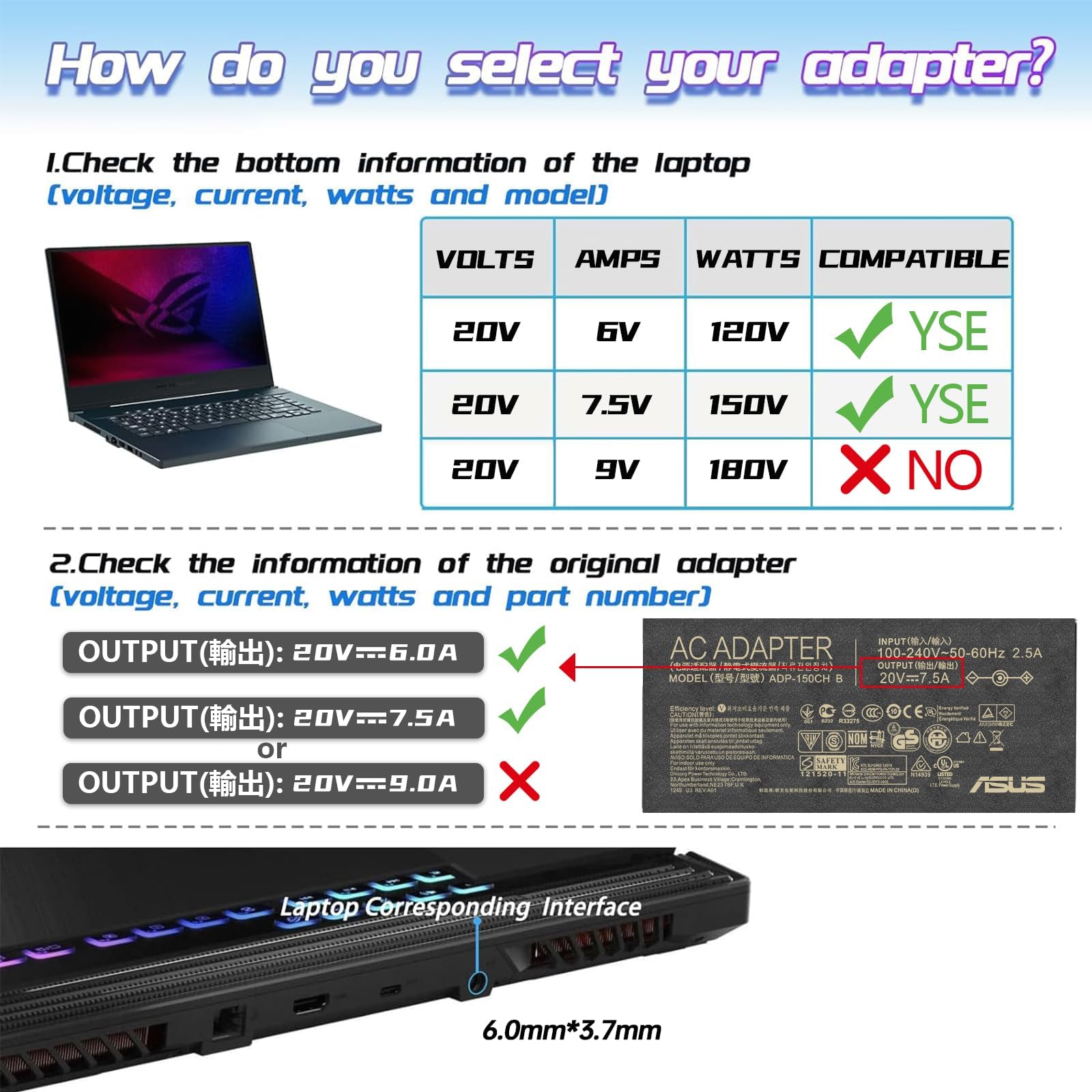 150W 20V 7.5A 6.0X3.7Mm Ac Adapter Fit For Asus A18 150P1A 150W Tuf Gaming Fa506 A17 Fa706 Fx505Gt Fx705Gt Tuf Gaming Fx705Gm Ro