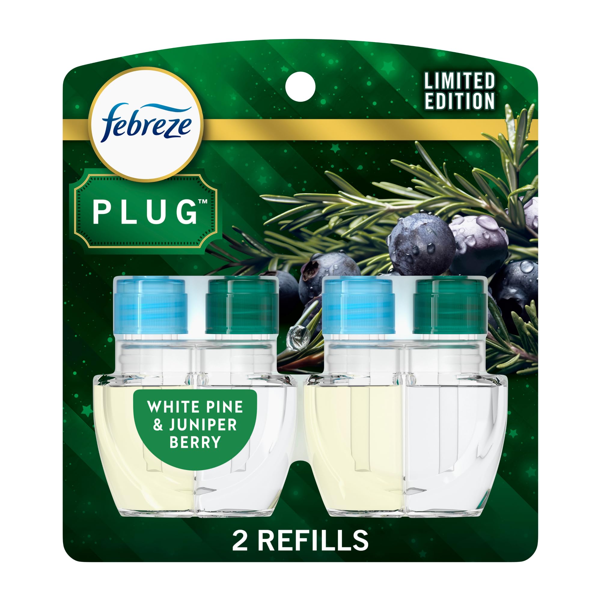 Febreze Odor Fighting Fade Defy Plug Air Freshener White Pine & Juniper Berry, 0.87Oz Oil Refill, 2 Count