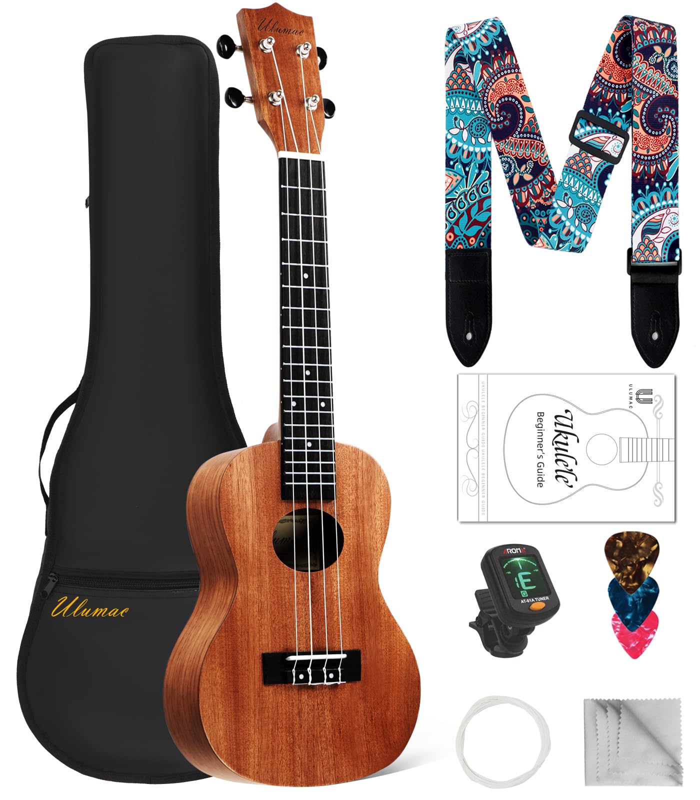 Ulumac Concert Ukulele, Solid Mahogany 23inch Ukelele for Adults Kids Beginner with Gig Bag, Digital Tuner, Replacing Strings, 3