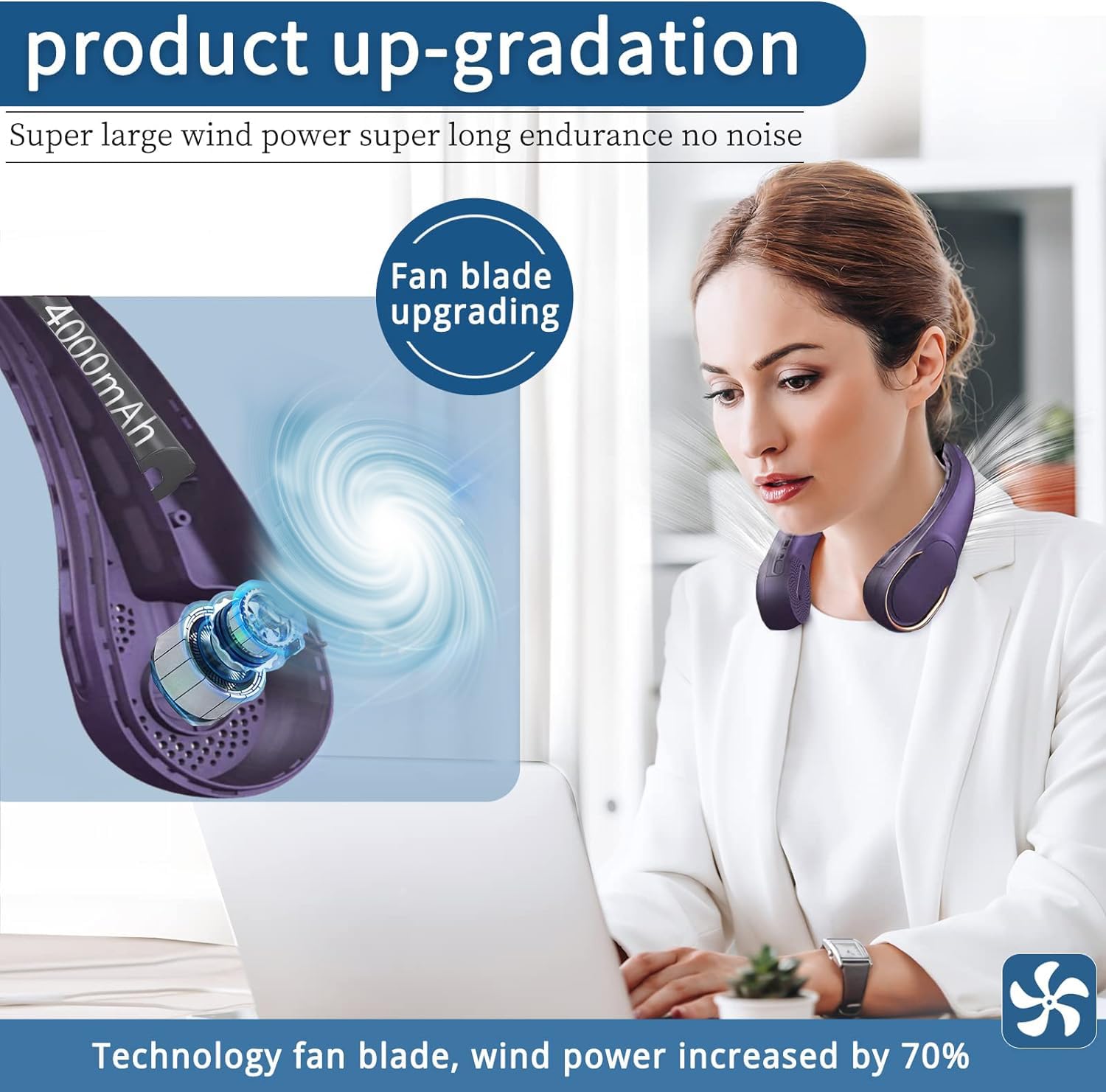 Asnug Portable Neck Fan, Neck Fans For Men, 4000 Mah Rechargeable Personal Fan,360 Hands Free Bladeless Fan, 3 Speeds Adjustable