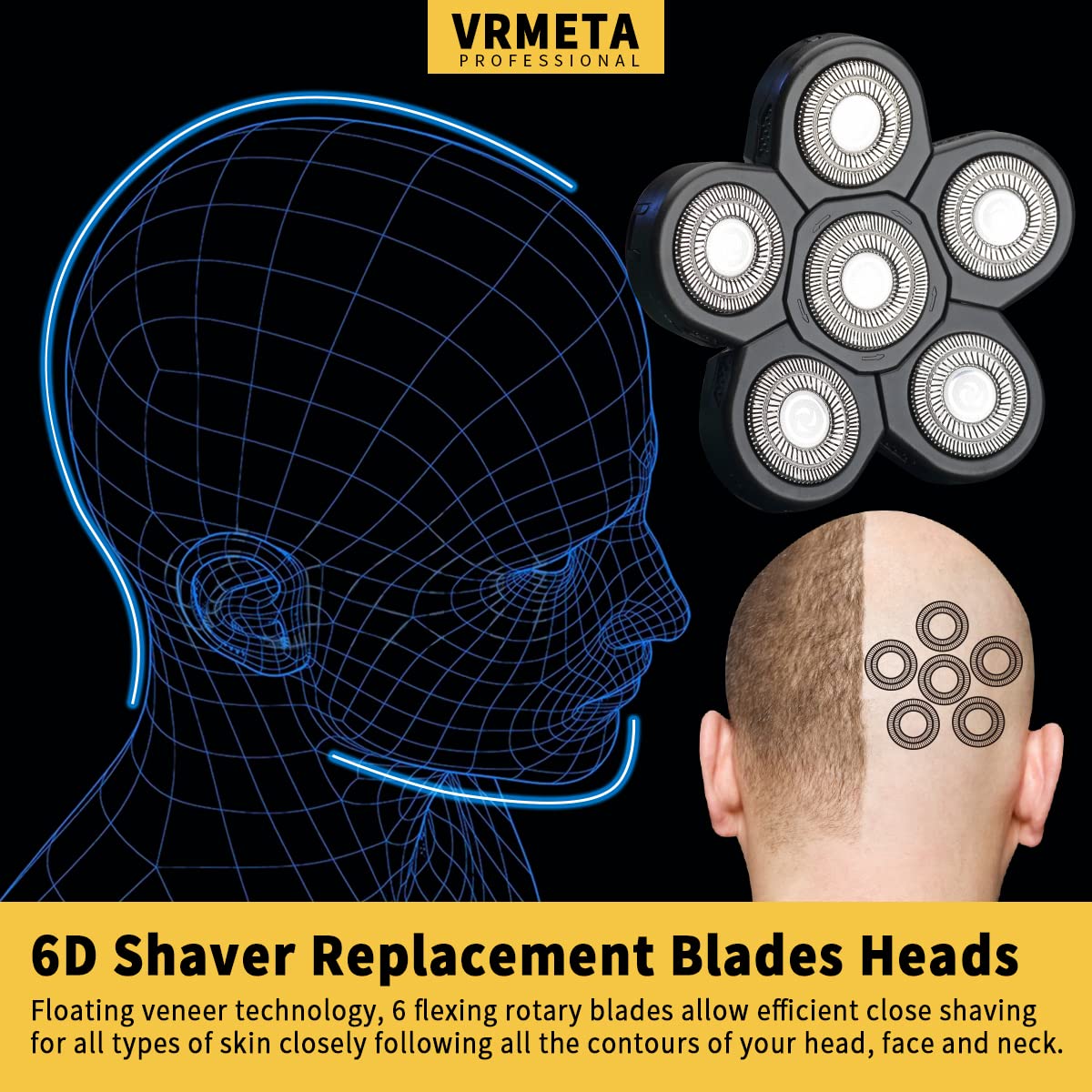 Vrmeta 6 Blades Electric Head Shaver Replacement Heads Men'S Electric Shaver Replacement Heads For Bald And Face