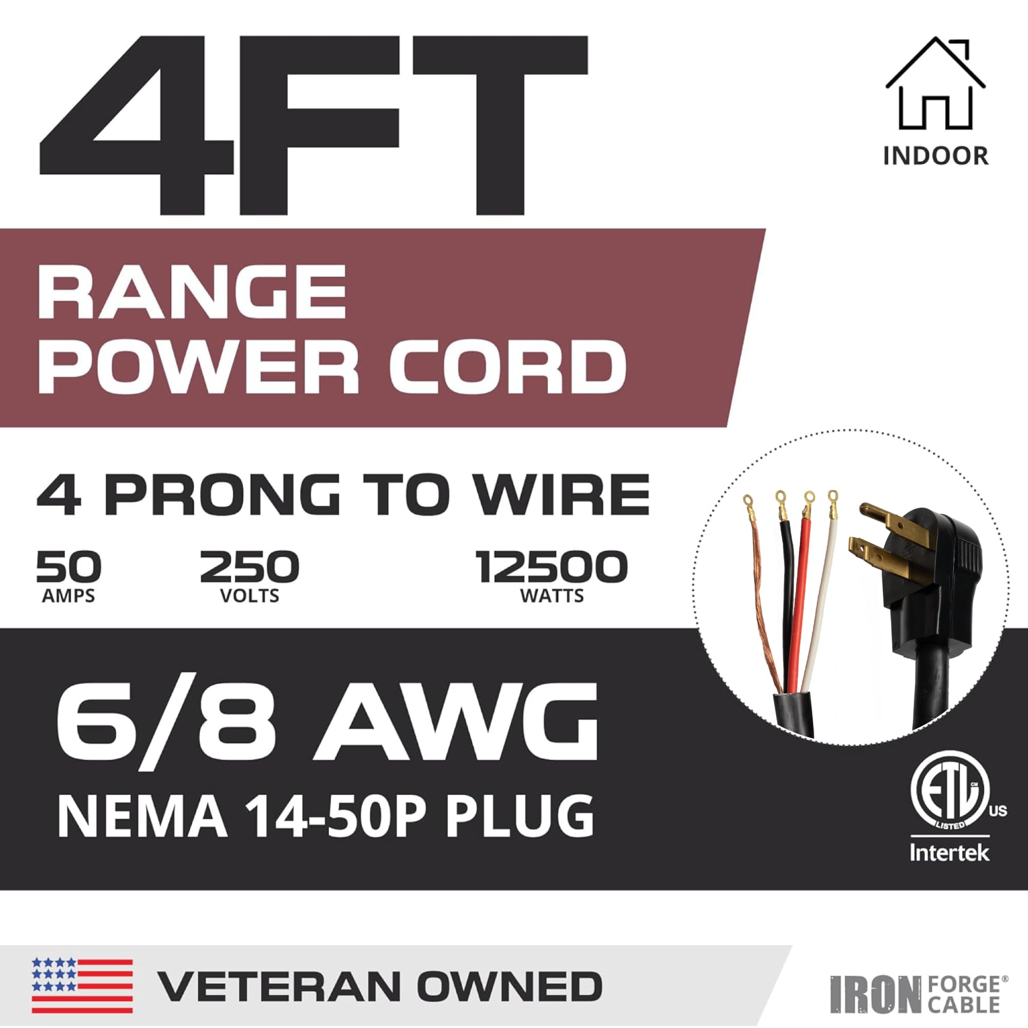 Iron Forge Cable 4 Prong Range Cord, 4 Foot   Heavy Duty 6/8 Awg 50 Amp Power Cable, Nema 14 50P Outlet Extension Cord To 4 Wire