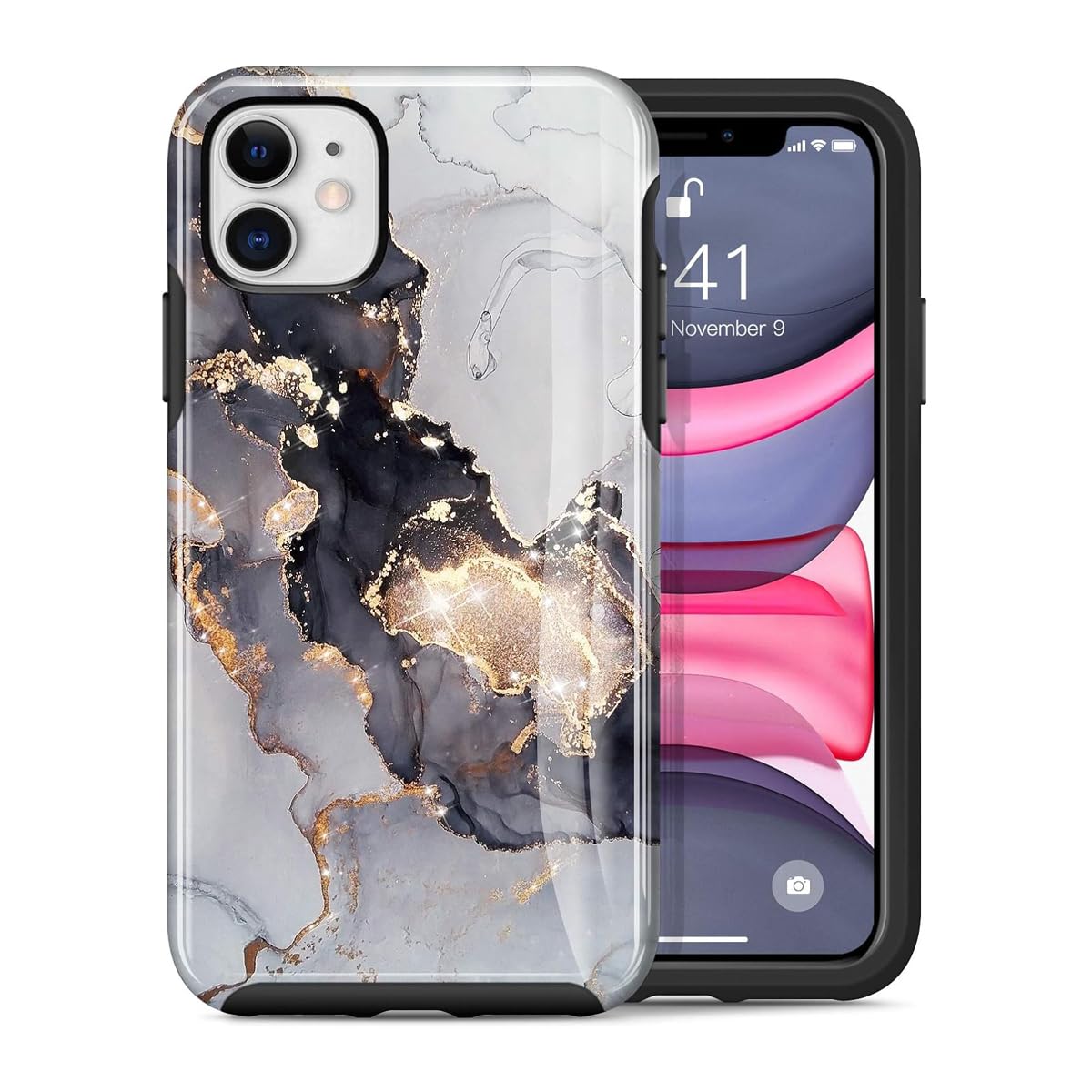 Dutyway for iPhone 11 Case, Protective Gold Sparkle Glitter Slim Fit Cover for Men & Women, Hard PC Full-Body Shockproof Rugged 