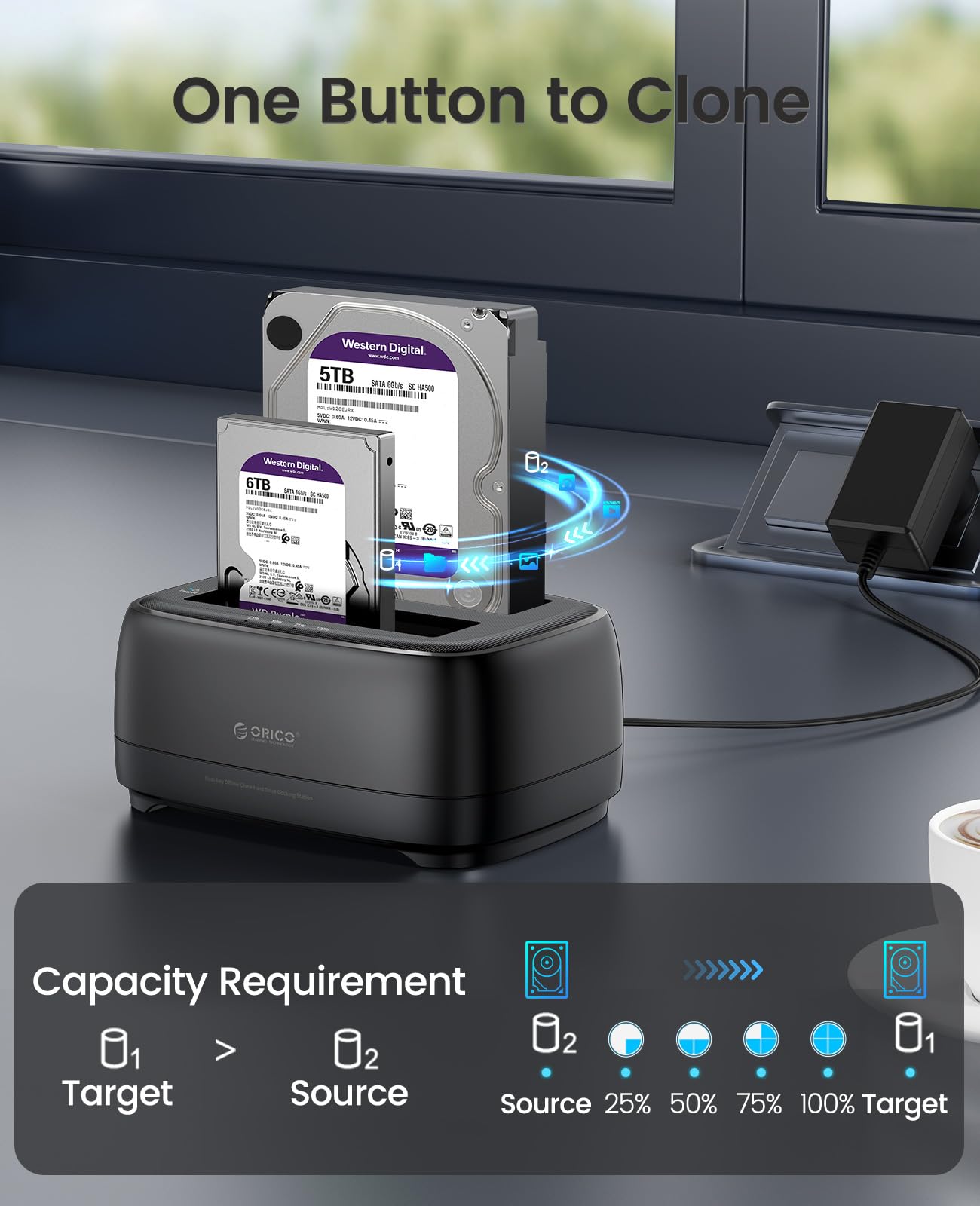 ORICO Hard Drive Docking Station Dual Bay USB 3.0 to SATA with Duplicator/Offline Clone Function External Hard Drive Dock for 2.5''/3.5'' HDD SSD Max Up to 40TB Support UASP Plug&Play DD C