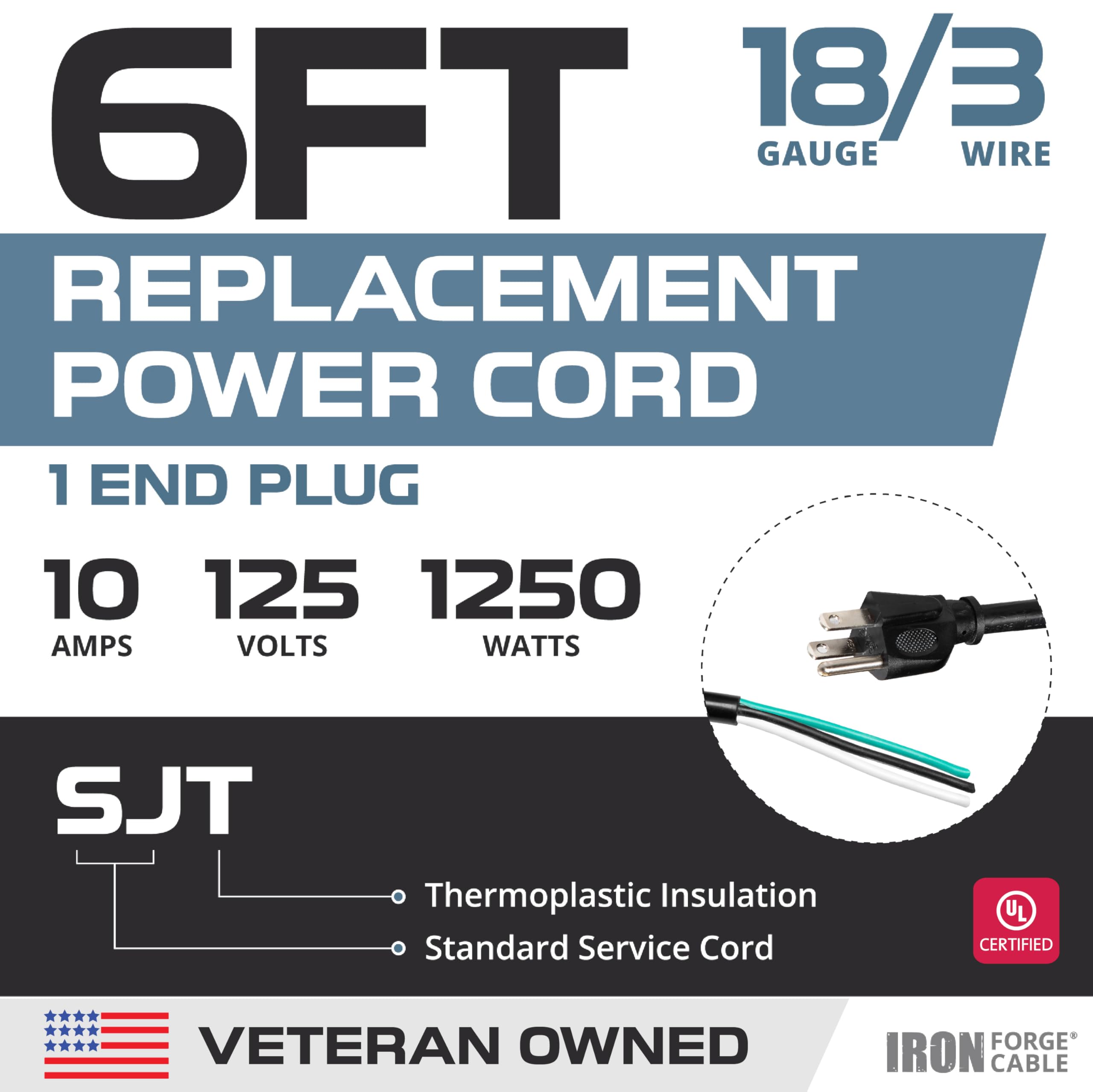 Iron Forge Cable 18 Gauge Replacement Power Cord With Open End 10 Amp, 6 Ft Black Extension Cable, 18/3 Sjt, Nema 5 15P