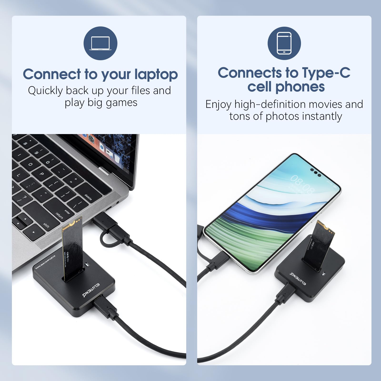 Eluteng M.2 Nvme & Sata To Usb C Docking Station Dual Protocol M.2 To Usb C Adapter 10Gbps External Ssd Enclosure For M Key, B+M