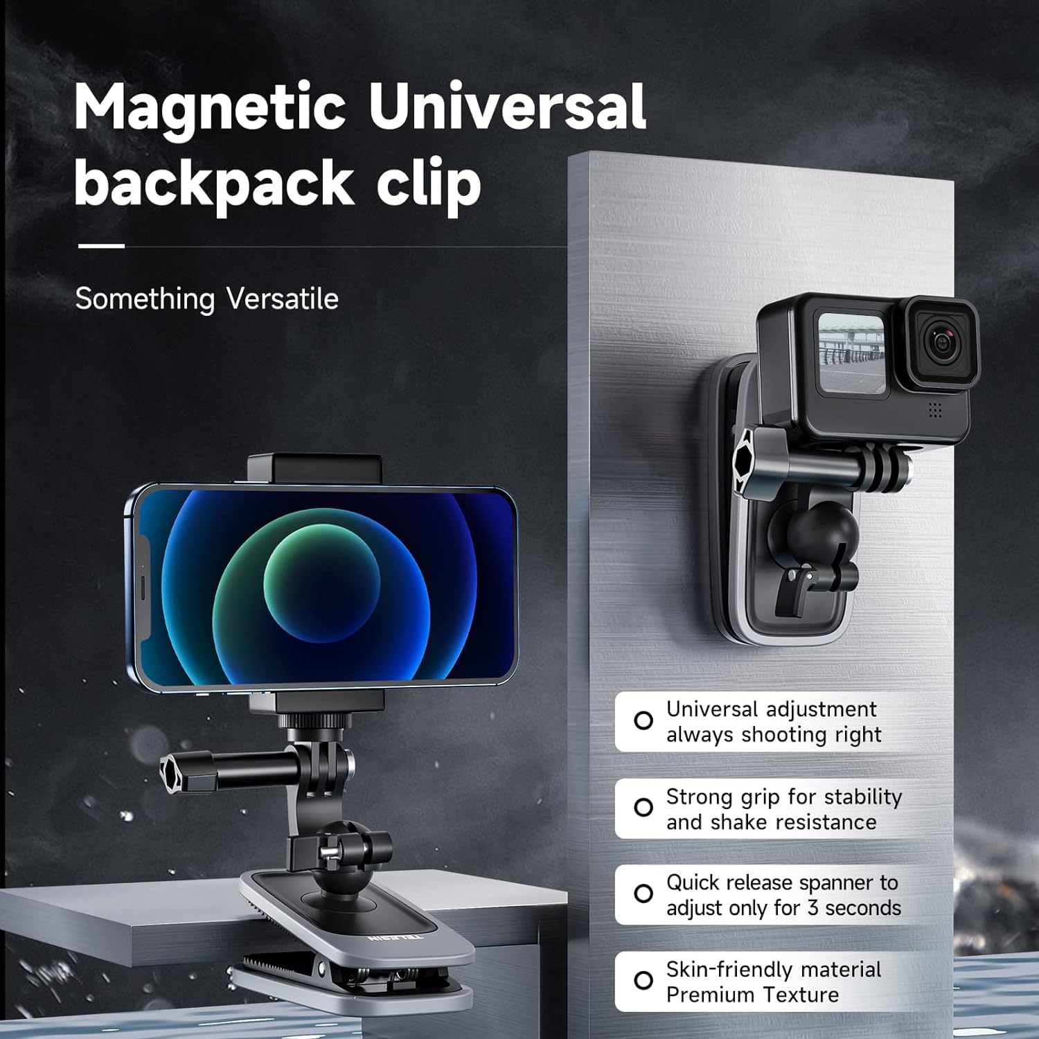 Telesin Magnetic Mount Backpack Clip With Phone Holder For Gopro Insta360 Iphone Accessories For Go Pro Hero 13 12 11 10 9 8 7 Insta 360 X3 Go3 Ace Pro Dji Action 5 Pro 4 3 Pocket 3 Bike Motorcycle