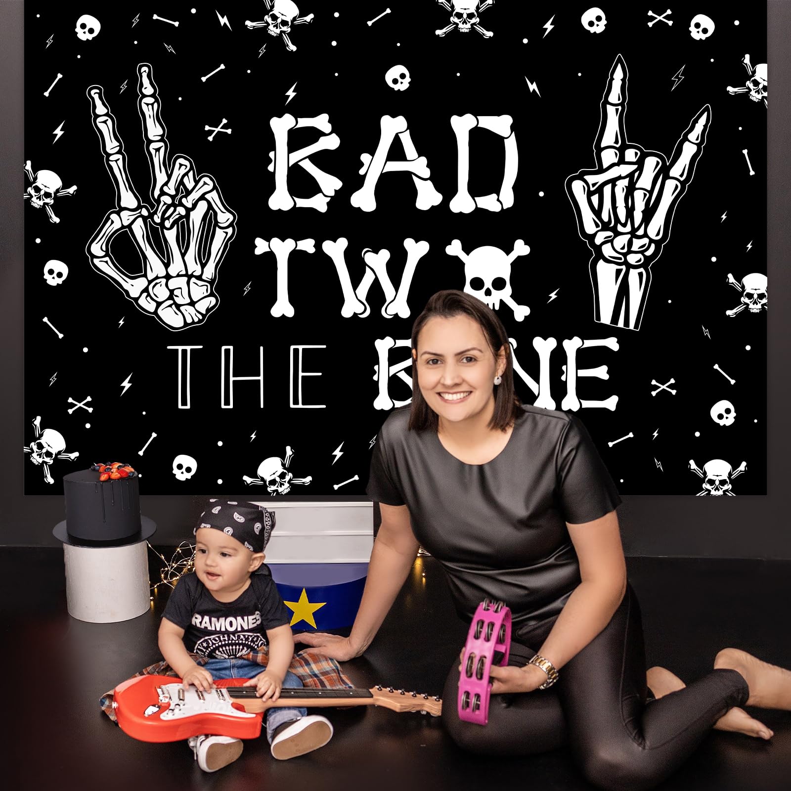 Kreat4Joy Bad Two The Bone Backdrop Banner 7 X 5 Ft, Skeleton Theme 2Nd Birthday Decorations For Music Rock And Roll Birthday Pa