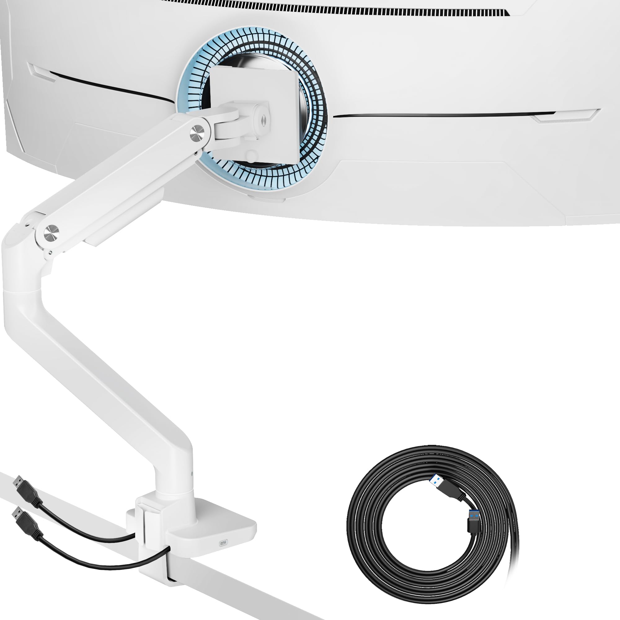 Ares Wing Single Monitor Mount With Usb A/C, Heavy Duty Monitor Arm For 17 To 49 Inch Ultrawide Monitor, Holds 44 Lbs, Adjustabl