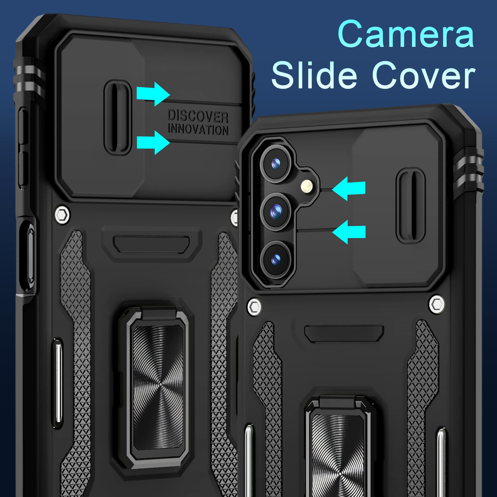 Deerlamn Case For Samsung Galaxy A14 5G With Slide Camera Cover+Screen Protector(2 Packs),Rotated Ring Kickstand Military Grade