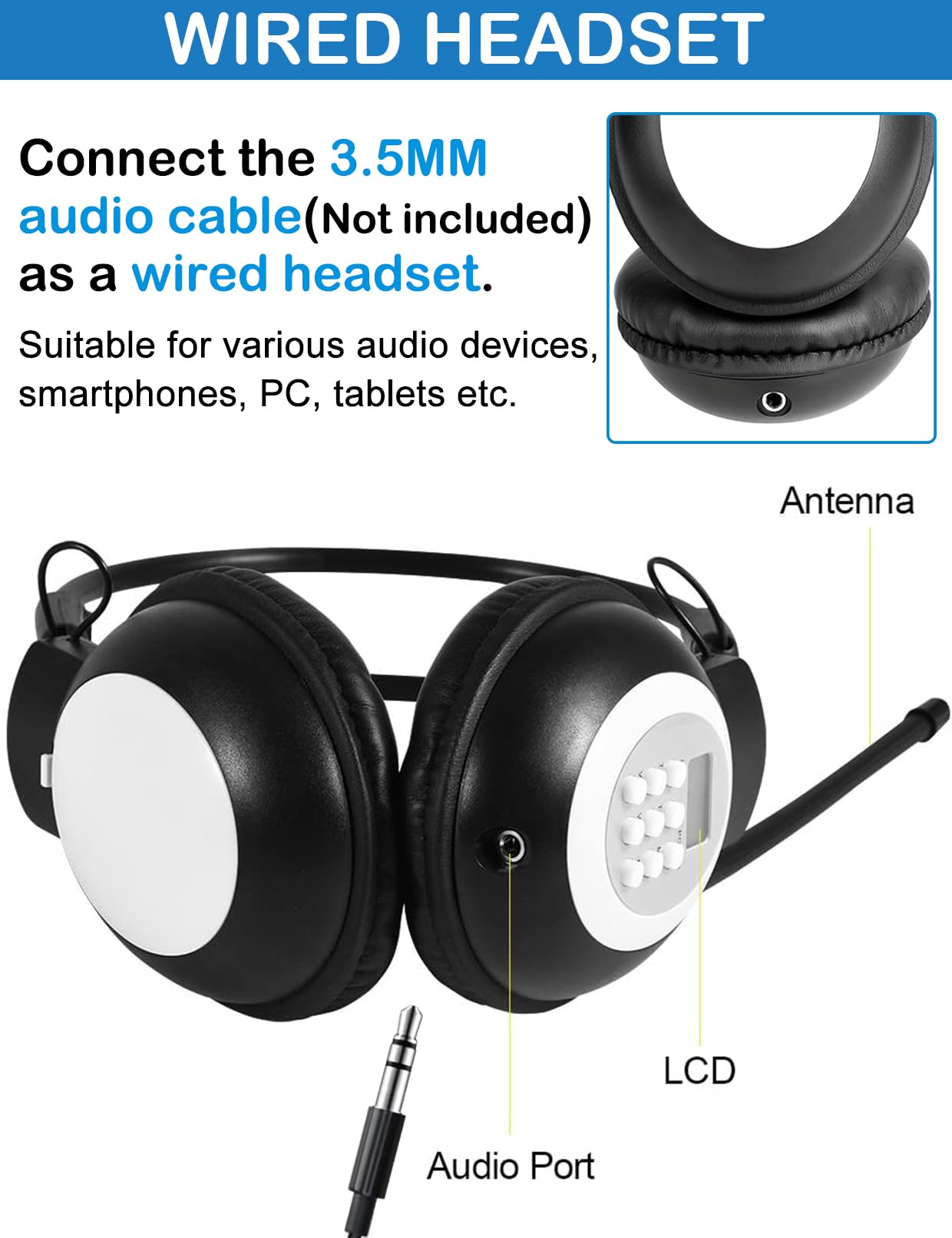 Zhiwhis Fm Portable Radio, Stereo Headsetwith Lcd,Over Ear Foldable, Pocket Walkmen Conference Receiver, Small Wireless/Wired He