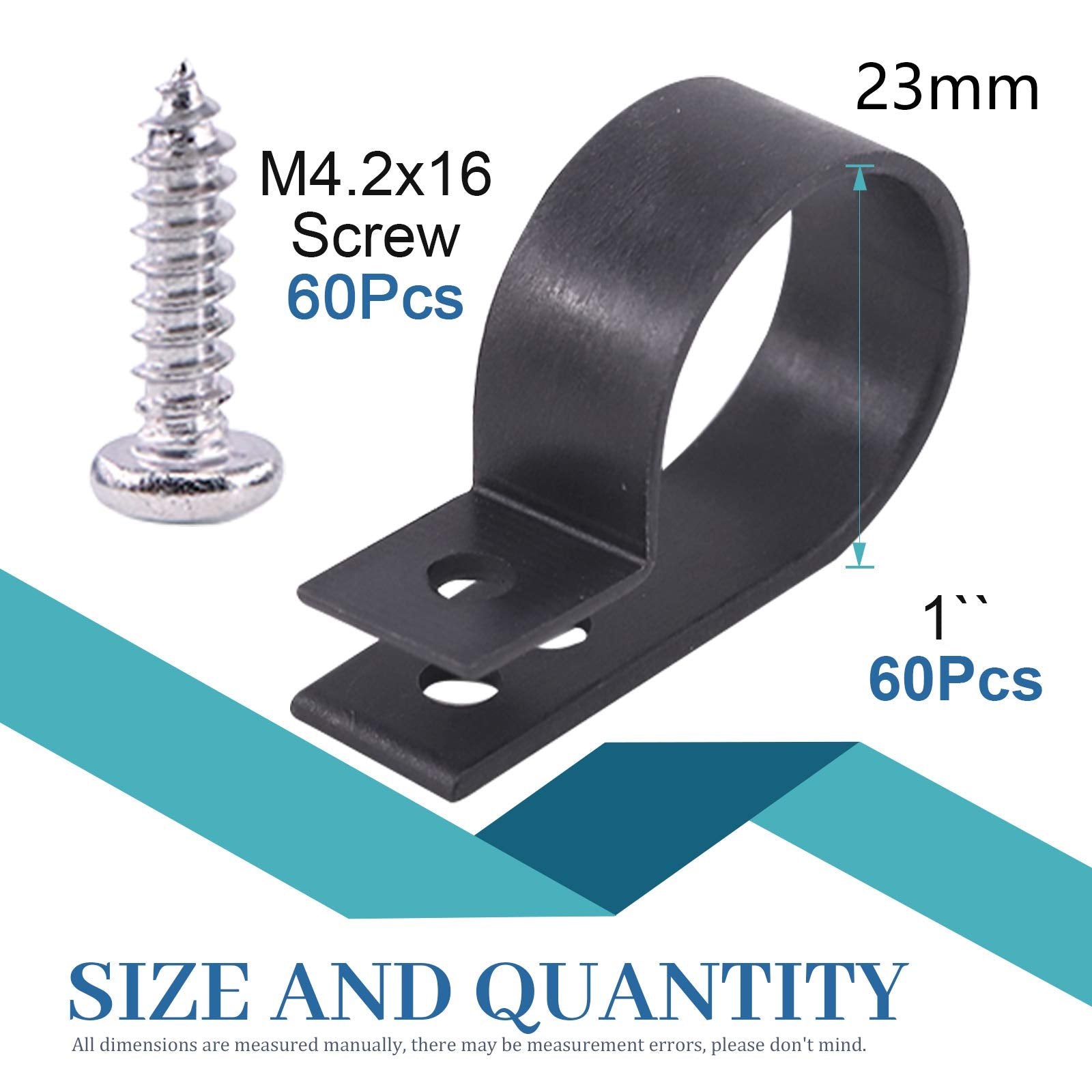 Glarks 60Pcs 1 Inch Black Nylon Screw Mounting R Type Cable Clip Wire Clamp With 60Pcs Screws For Wire, Cable, Conduit And Cable