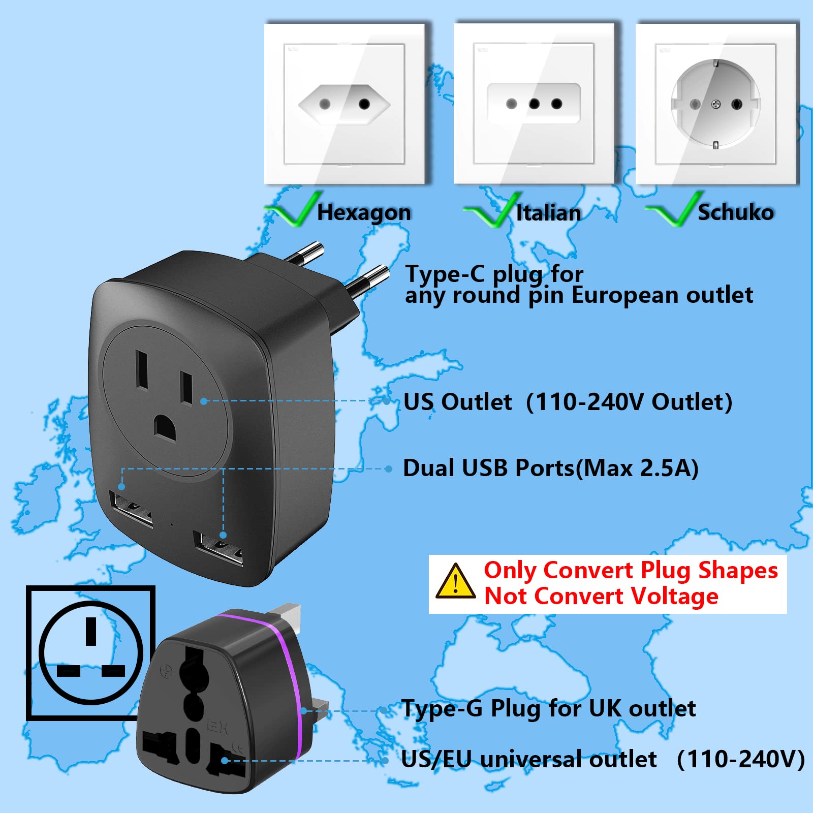 JARVANIA Travel Plug Adapter US to EU UK 3-in-1 Dual USB Black