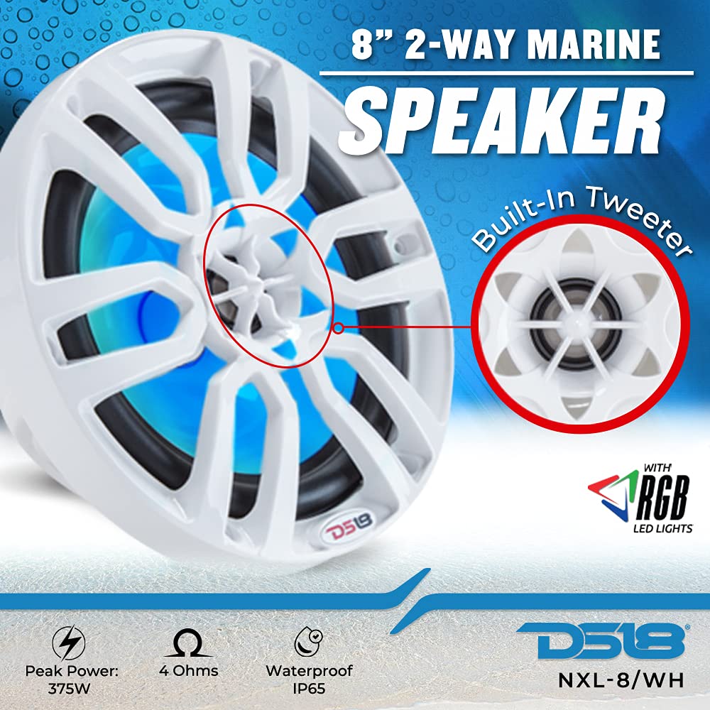 Ds18 Hydro Nxl-8 - High End Coaxial Speaker Pair - 2-Way Marine Speaker W/Integrated Rgb Lights - 375 Watt - 100% Uv Stable - Wa