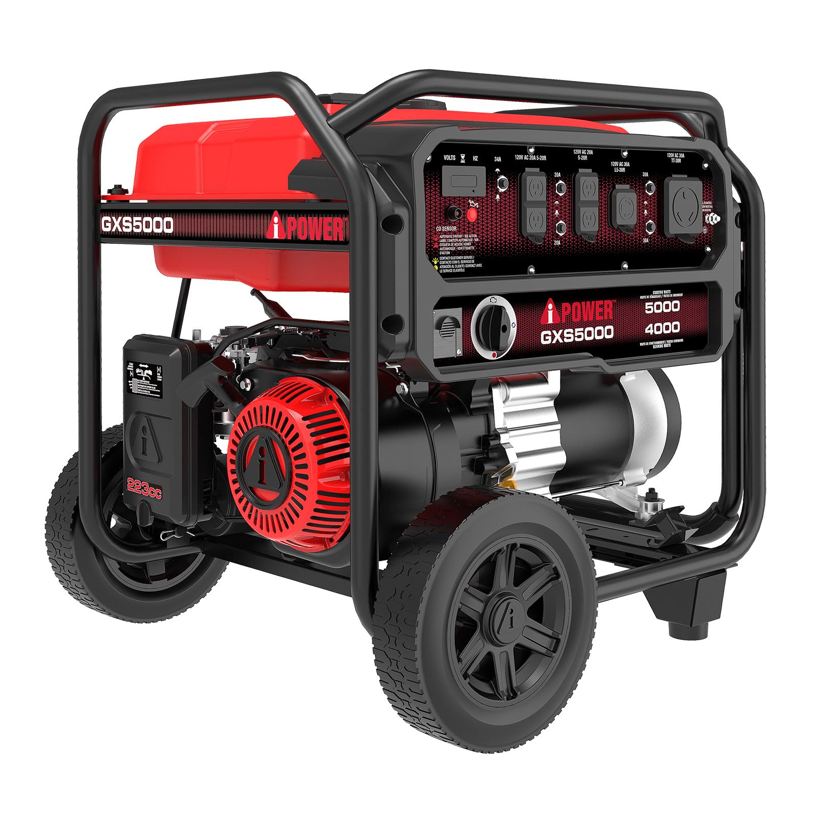 A-iPower 5000-Watt Portable Generator Gas Powered, CO Sensor Shutdown, Heavy Duty Generators with 223cc OHV Engine for Jobsite,