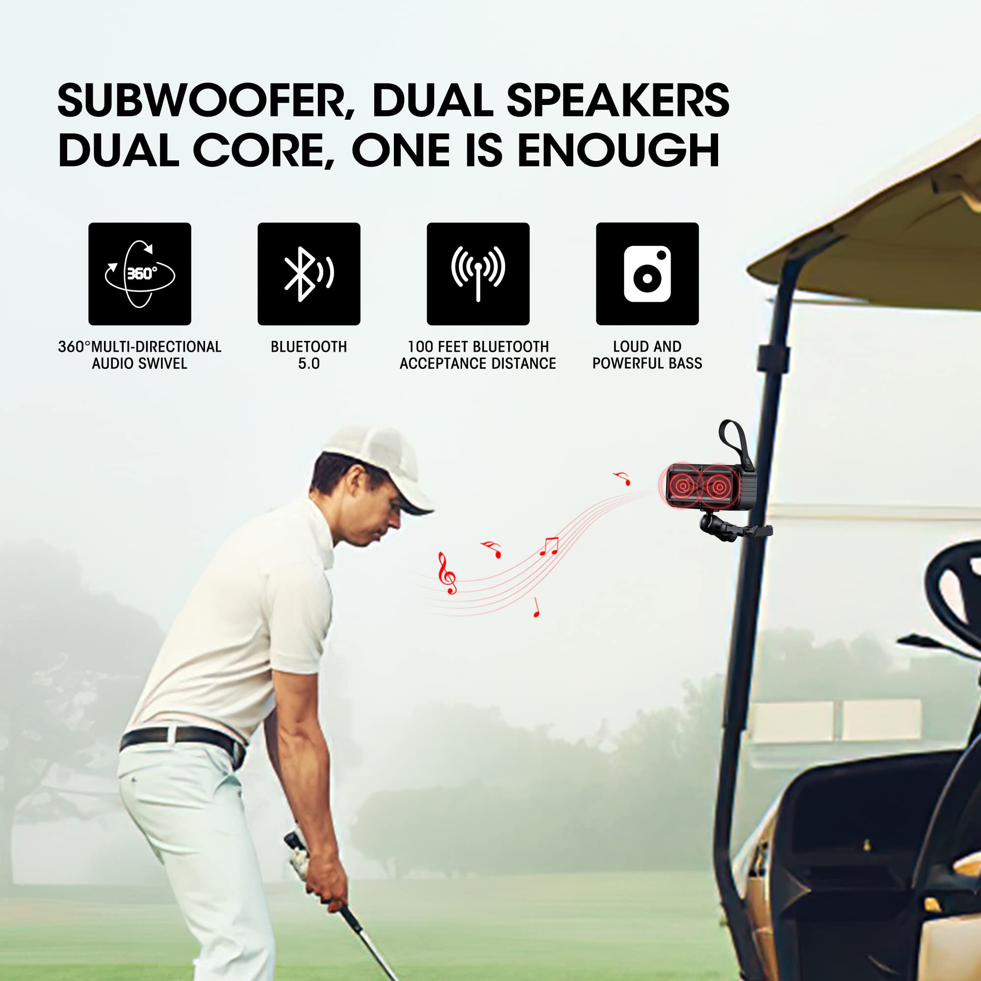Roykaw Golf Bluetooth Speaker With Mount, Loud Stereo Sound, Ipx7 Waterproof, Shockproof & Dustproof, Portable Wireless Speaker