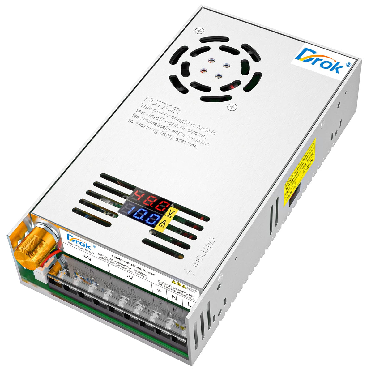 Drok 48V Power Supply, Ac 110V/220V To Dc 0 48V 10A 480W Buck Converter Dual Display, Variable Adjustable Transformer Regulated