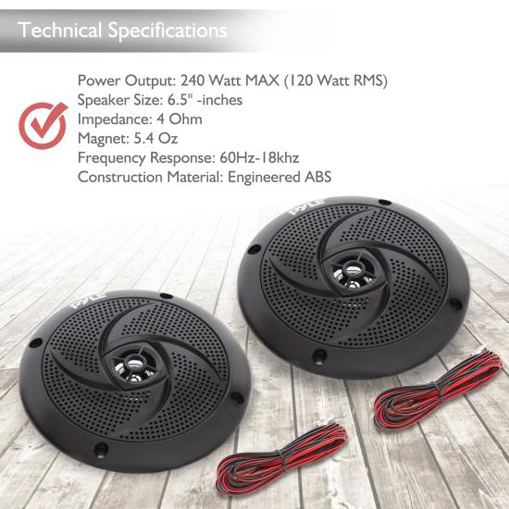 Pyle Low-Profile Waterproof Marine Speakers - 240W 6.5 Inch 2 Way 1 Pair Slim Style Waterproof And Weather Resistant Outdoor Aud