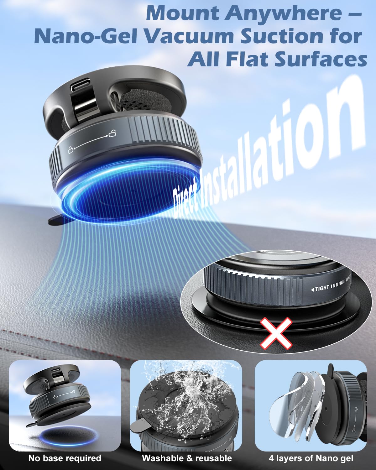 Cloudvalley 15W Magnetic Wireless Car Charger Mount, Nano Gel Vacuum Suction Cup Phone Holder For Dashboard & Windshield, Foldab