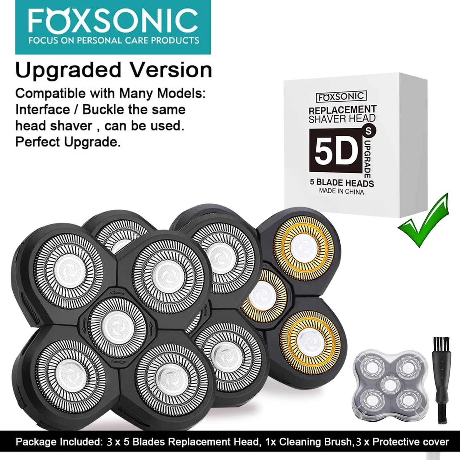 Foxsonic 3 Pcs 5 Blades Universal Head Shaver Replacement Heads For Head Shaver, Compatible Mainstream Shaver Brands, Head Shave