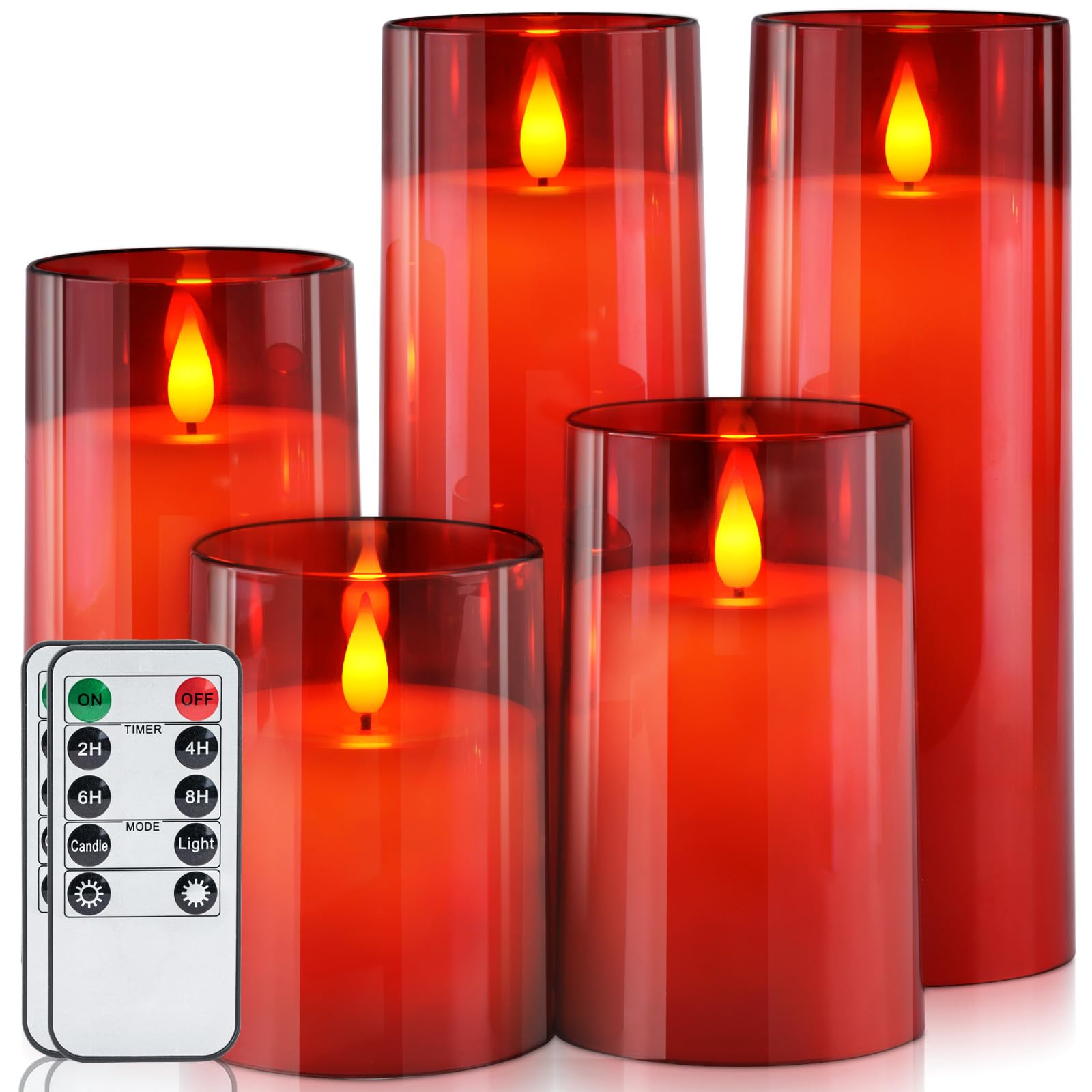 Homemory Christmas Red Flickering Flameless Candles, Battery Operated Acrylic Led Pillar Candles With Remote Control And Timer,