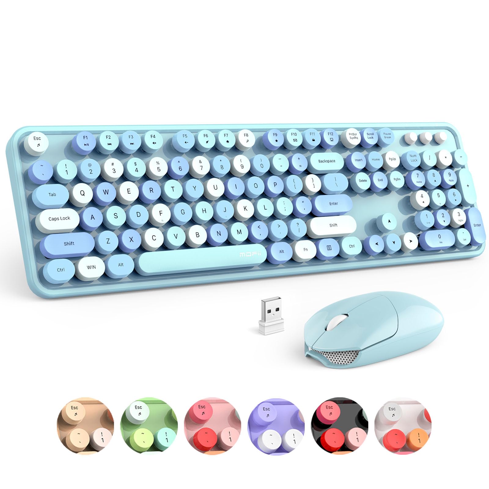 Mofii Wireless Keyboard And Mouse Combo, Blue Colorful Round Key Typewriter Keyboards, 2.4Ghz Full Size Keyboard Computer Mice,