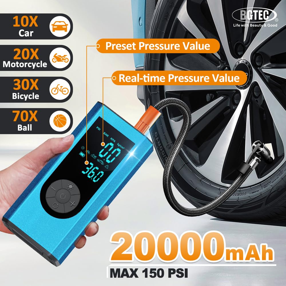 Tire Inflator Portable Air Compressor   20000Mah Cordless Air Pump, 2X Faster 150 Psi Car Tire Digital Pressure Gauge With Led L