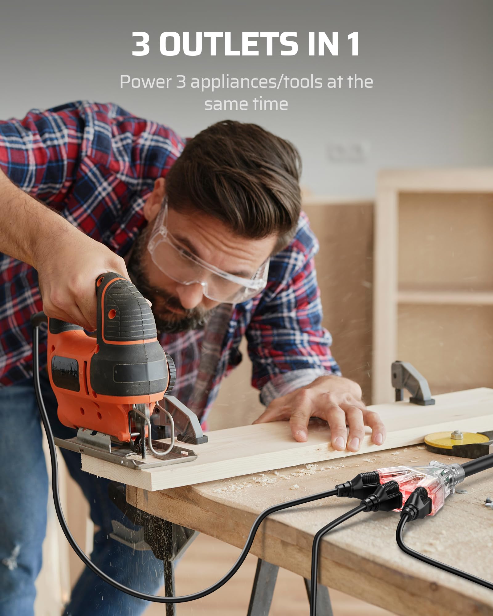 Dewenwils 2 Ft 12/3 Gauge Indoor/Outdoor Tri Tap Extension Cord Splitter, Stw 15 Amp Contractor Grade Heavy Duty Power Cable Wit