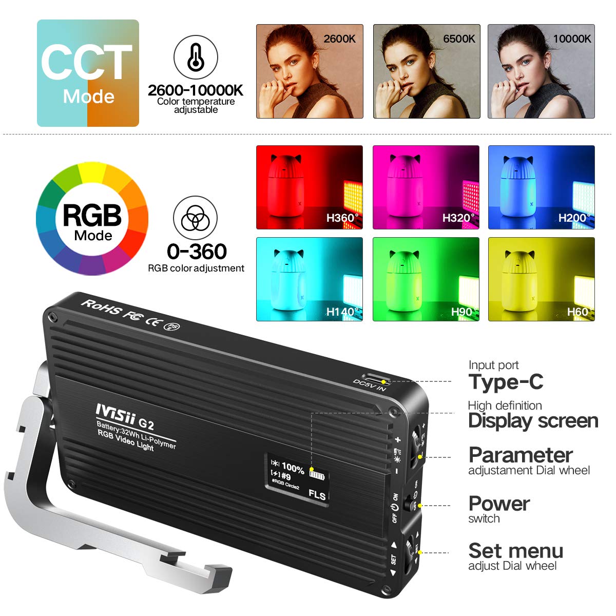 IVISII G2 Portable RGB Camera Light, 4300mAh Battery, 12W LED, 2600-10000K, Ideal for Photography and Video Conferencing