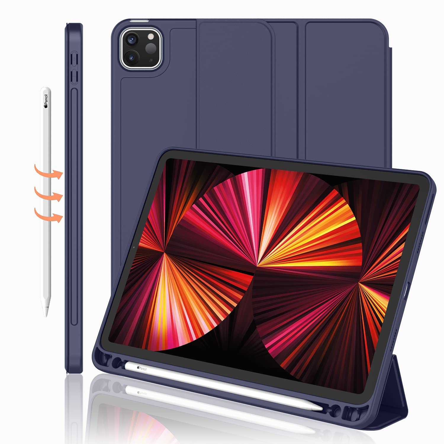 Imieet New Ipad Pro 11 Inch Case 2022(4Th Gen)/ 2021(3Rd Gen) With Pencil Holder [Support Ipad 2Nd Pencil Charging/Pair],Trifold Stand Smart Case With Soft Tpu Back,Auto Wake/Sleep(Dark Blue)