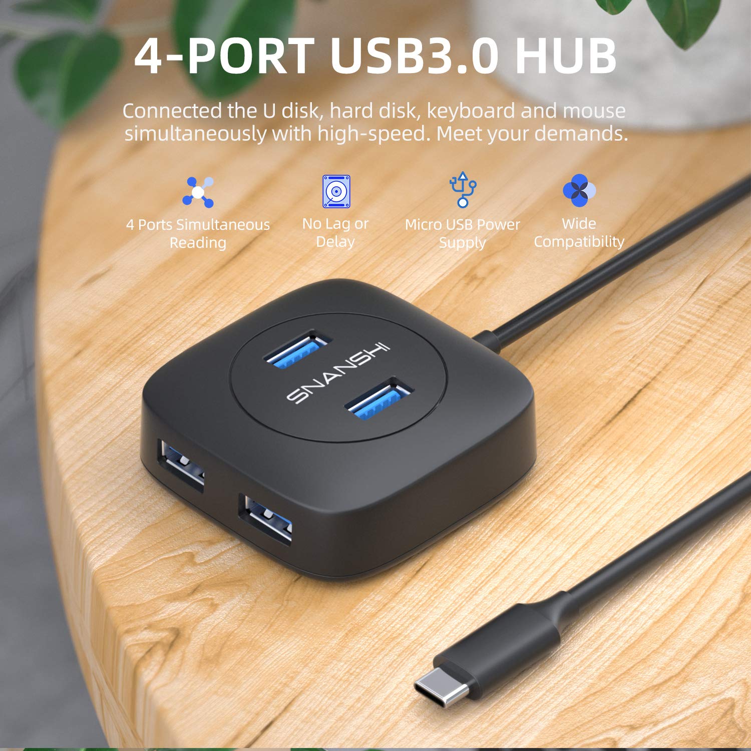Usb C To Usb Hub, Snanshi Usb C To Usb Hub 4 Ports Usb Type C To Usb 3.0 Hub Adapter With 1.5 Ft Extended Cable Usb C To Usb Ada