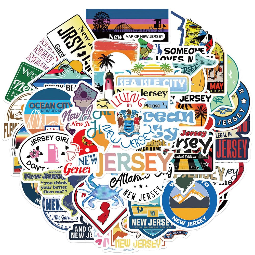 New Jersey Stickers |50Pcs New Jersey Waterproof Vinyl Decals For Water Bottles Laptop Luggage Cup Mobile Phone Computer Skatebo