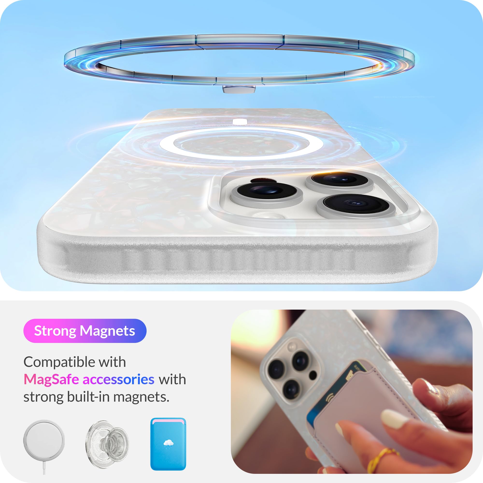 Lonli Hue   Iphone 16 Pro Magnetic Case [Compatible With Magsafe]   White Pearl Tort Phone Case   [360 Shock Absorbent Bumper]