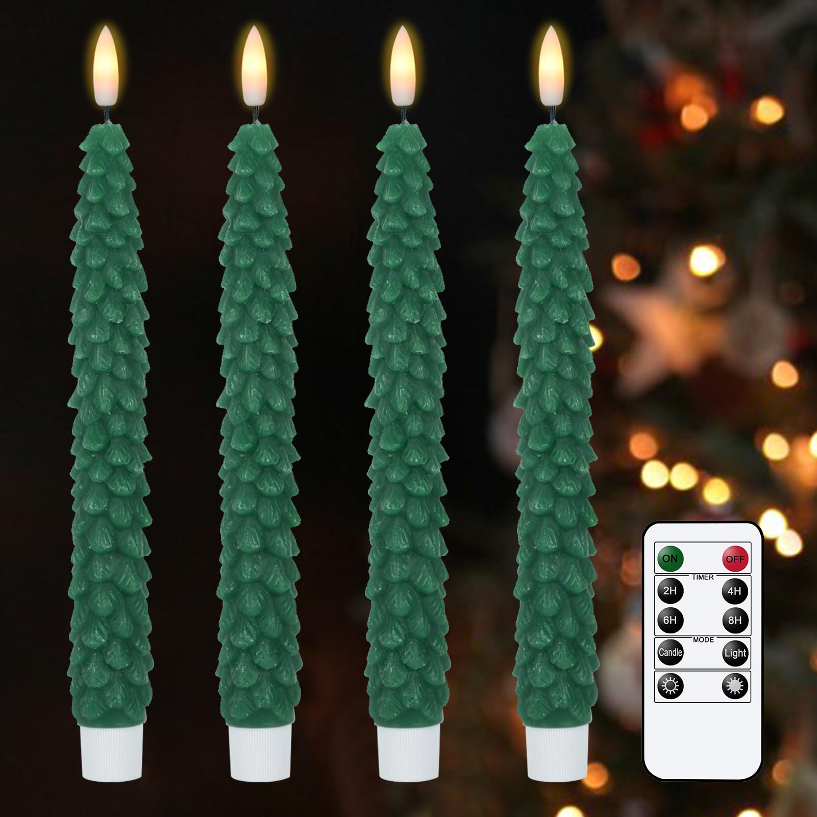 Kunswenn Christmas Tree Taper Candles Battery Operated, 4 Pack Christmas Taper Candles With Remote Timer, Green Real Wax Led Fla