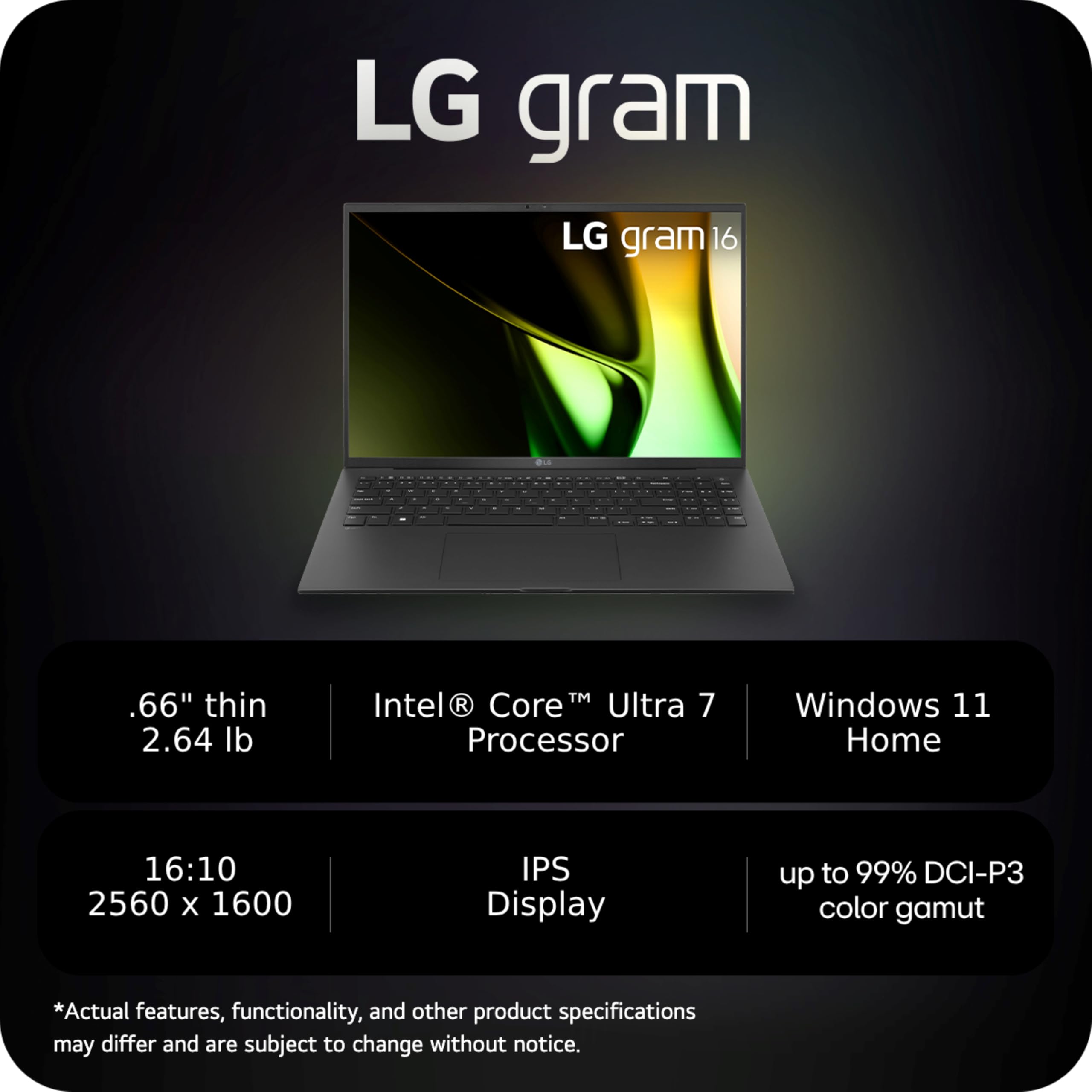 Lg Gram 16 Inch Lightweight Laptop, Intel Evo Edition   Ai Enabled Intel Core Ultra 7 Processor, Windows 11 Home, 32Gb Ram, 2Tb